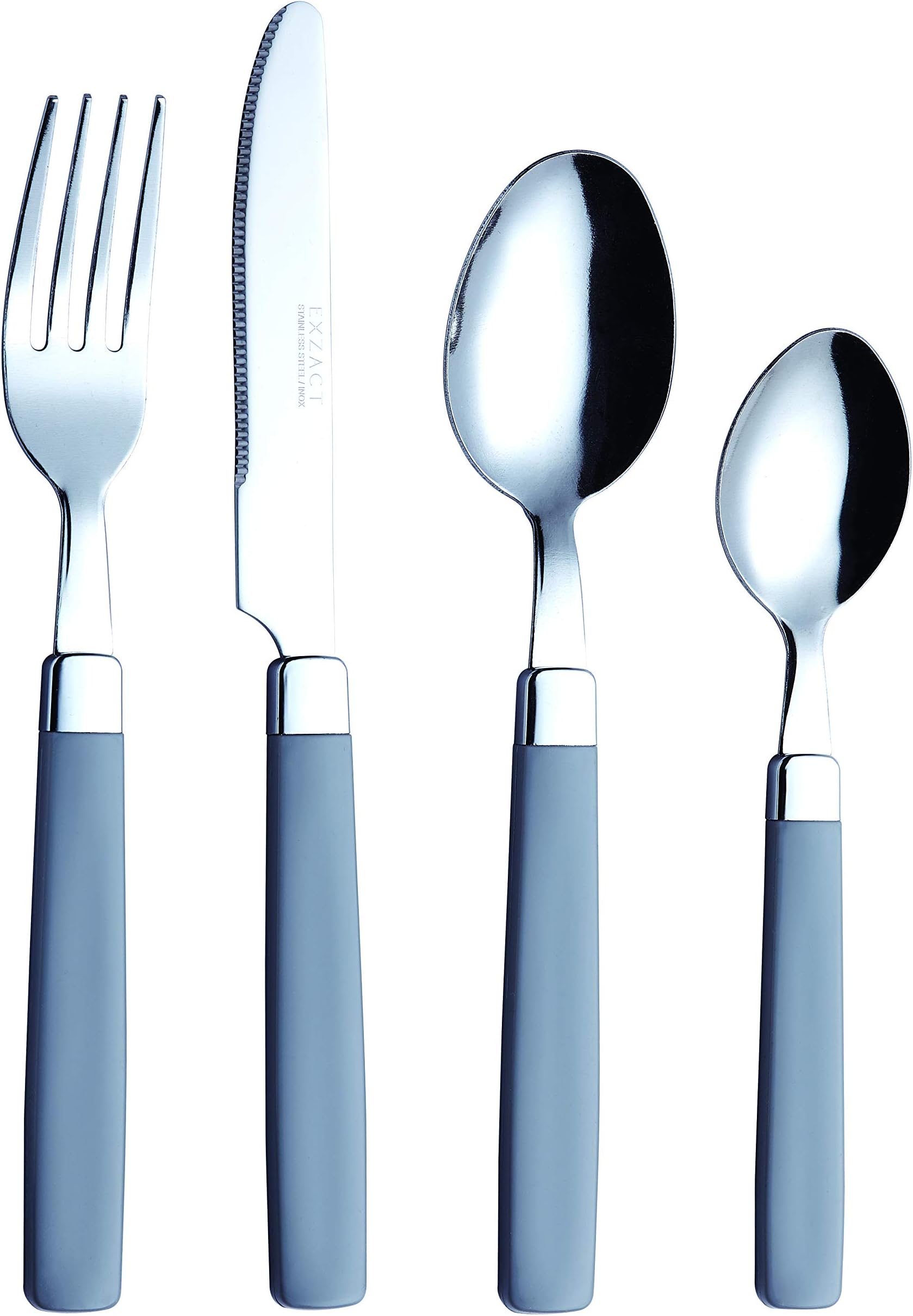 EXZACT Cutlery Set 16pcs Stainless Steel - Coloured Handles - 4 x Forks, 4 x Knives, 4 x Table Spoons, 4 x Tea Spoons - WF23 Grey