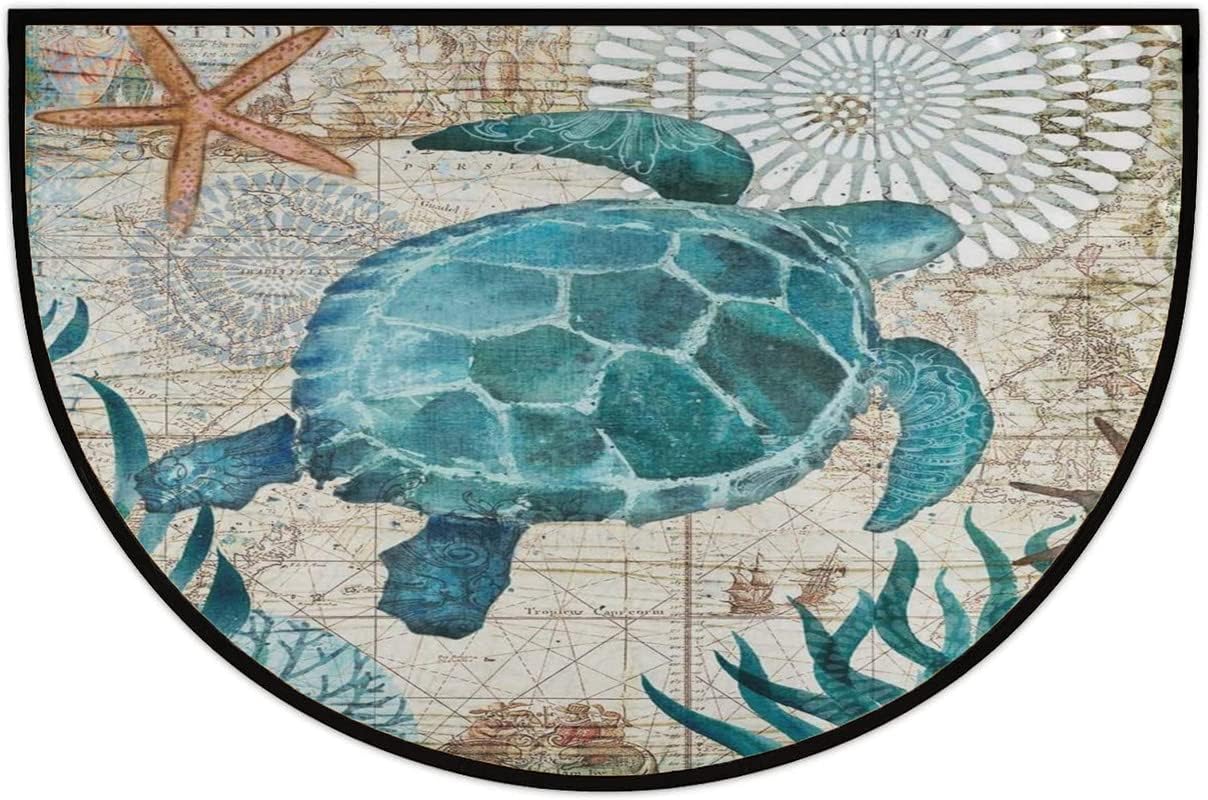 Half Round Door Mat Vintage Ocean Sea Turtle Starfish Map