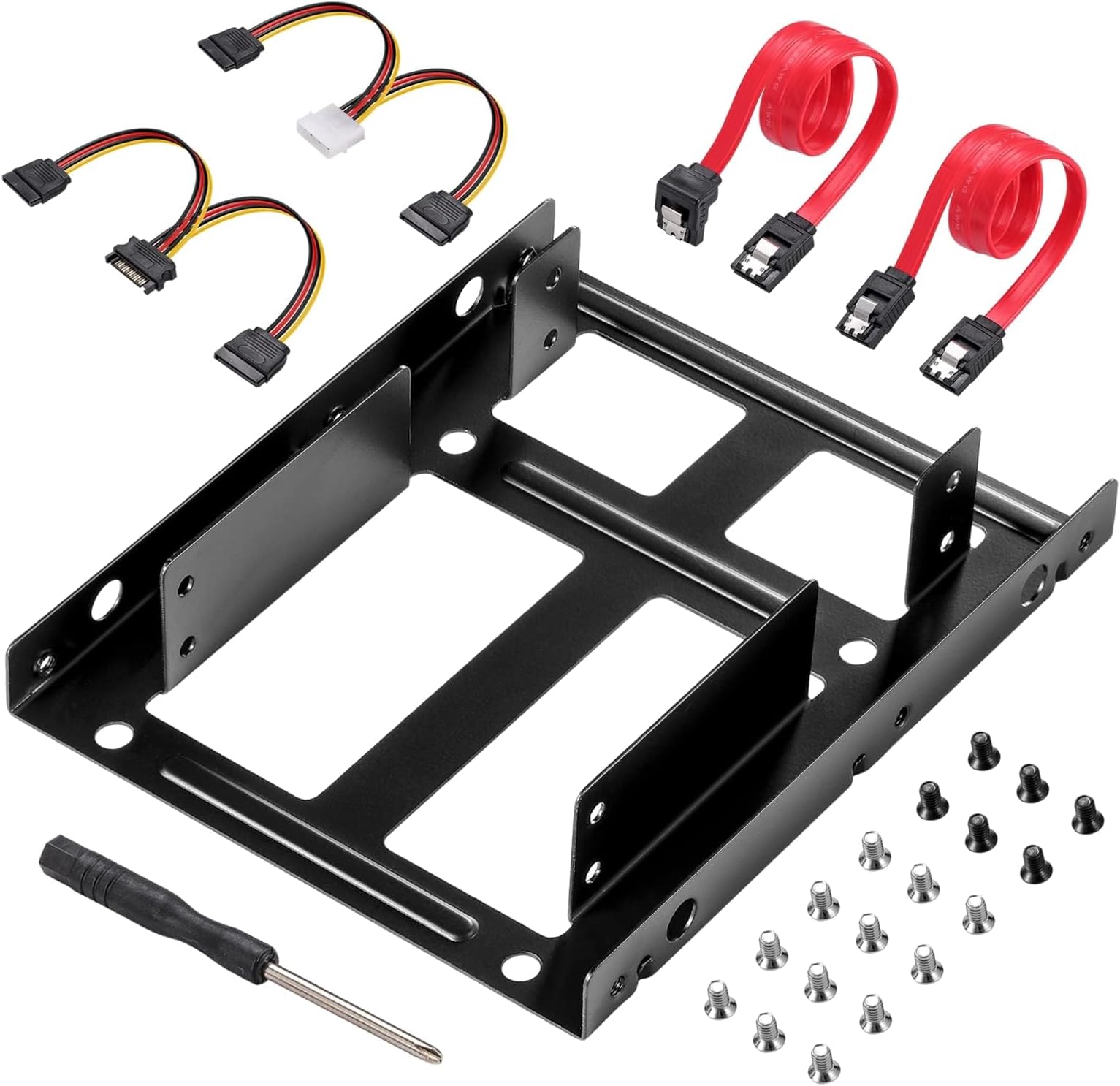 SSD Metal Mounting Bracket Kit, 2.5 to 3.5 Hard Drive Adapter, Compatible with Any 2.5 to 3.5 Drive Bay, with SATA Data Transfer Cable and SATA Power Cable