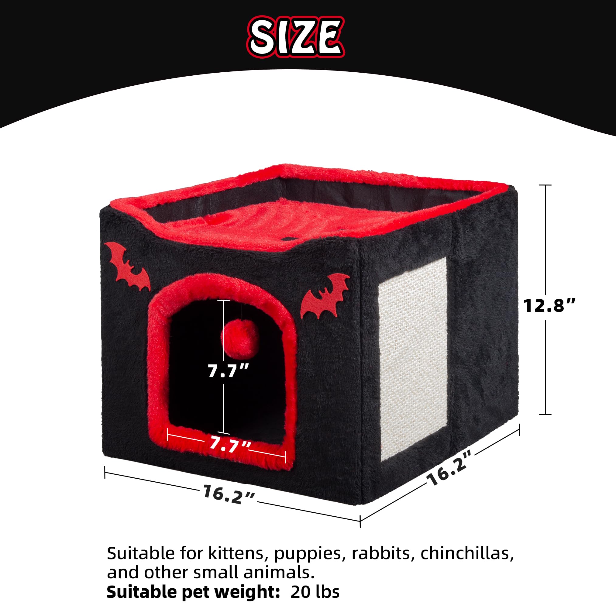 Cama gótica para gatos de interior, casa cueva de ataúd con almohadilla para rascar y juguete de bola esponjosa, cubo escondite plegable de Halloween, cama para mascotas para gatitos y gatos