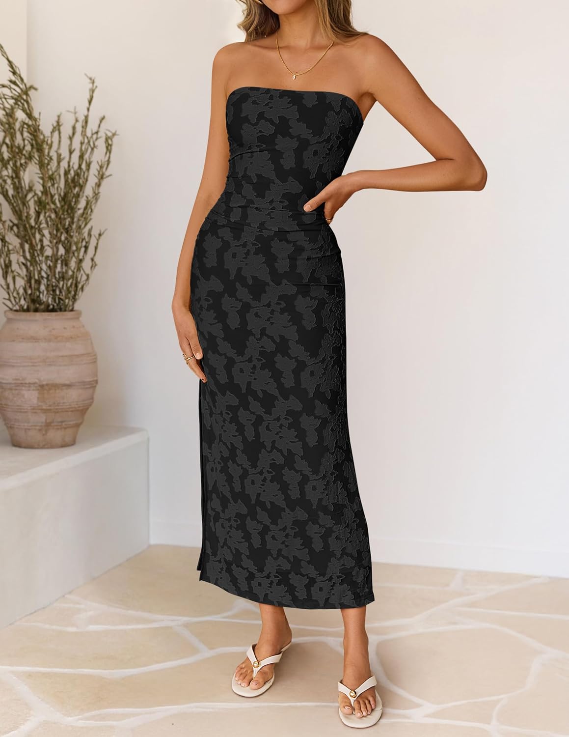 ZESICA Women's 2026 Summer Floral Strapless Maxi Dress Bodycon Tube Side Slit Mesh Wedding Guest Cocktail Party Long Dresses - Image 4