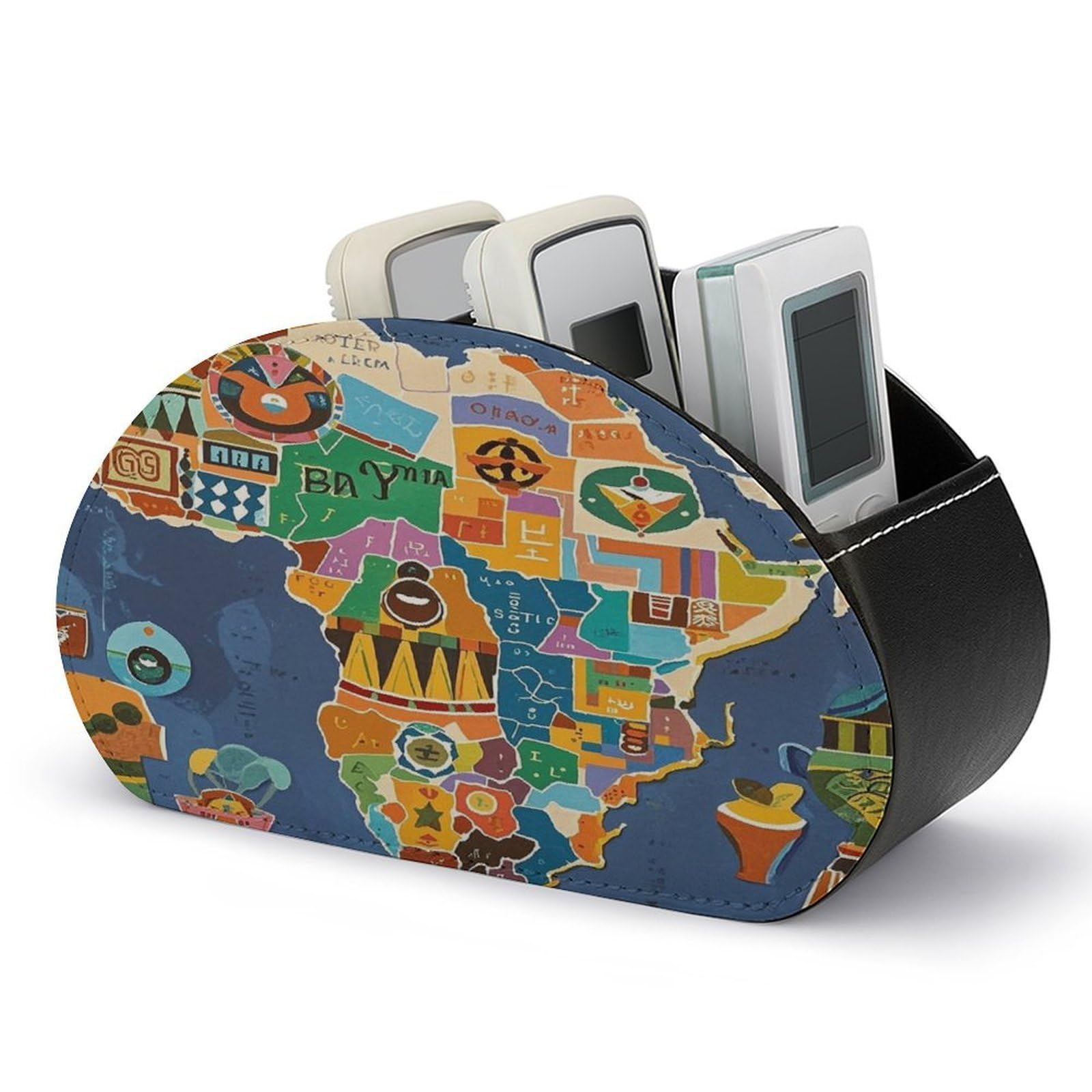 LZQPOEAS African Map Ethnic Pattern Remote Control Holder with 5 Compartments PU Leather Remote Organizer Box Caddy for Table Nightstand Remote Caddy Desktop Organizer Fits Media Controllers
