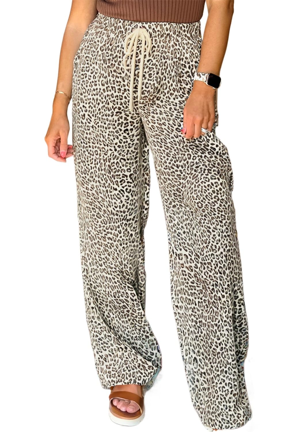 Womens Brown Leopard Drawstring Loose Pants - Casual Wide Leg Trousers for Daily Wear