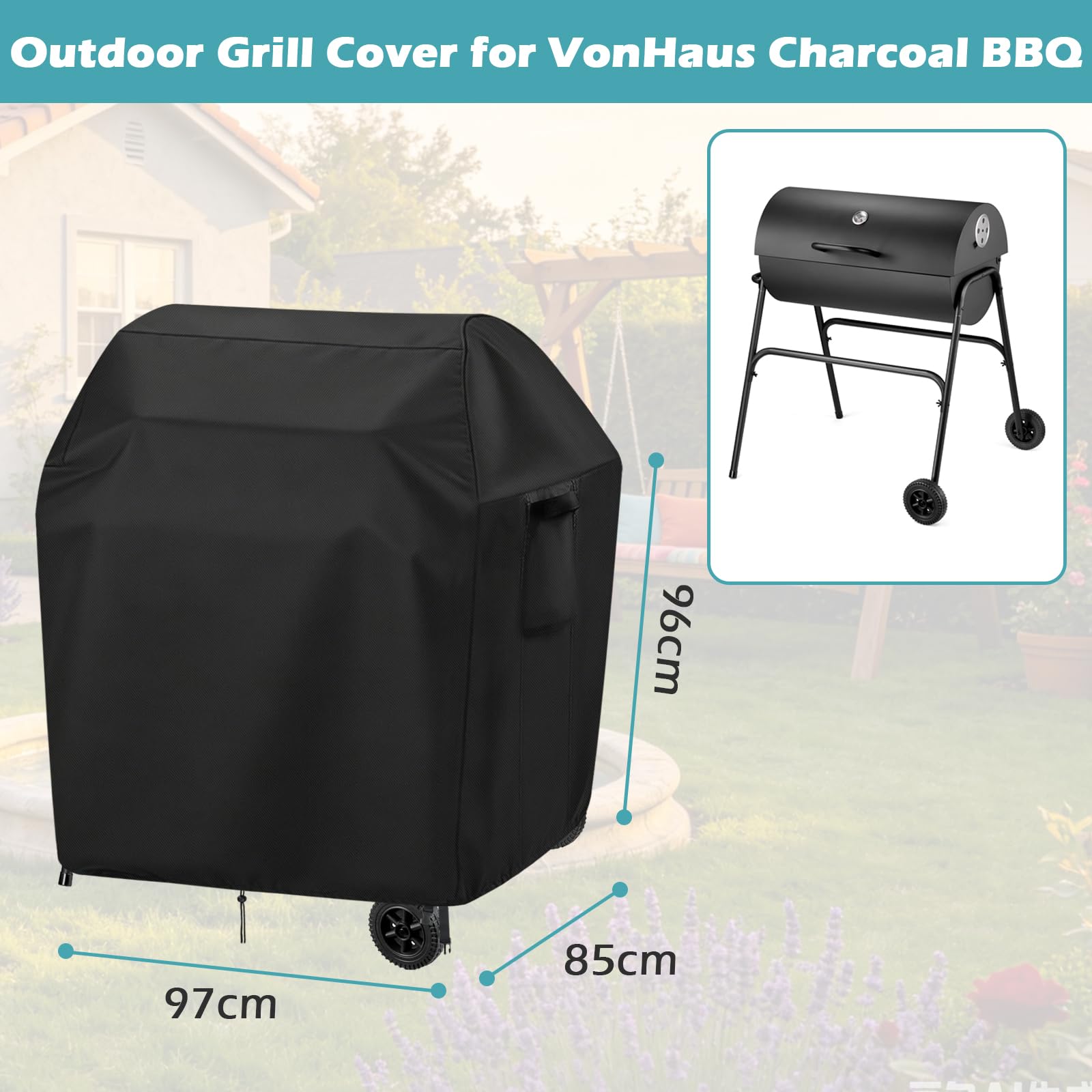 Pokrowiec na grilla 500D, odporny na działanie wody, do grilla VonHaus Chal Grill, UVResisan, tkanina AniFade, 97 x 85 x 96 cm, grille