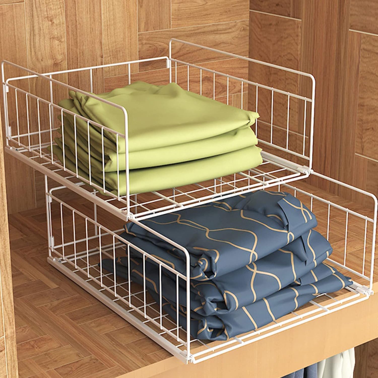 ARHAT ORGANIZERS Sliding Drawer Organizer | 2-Tier Wire Storage Basket, Stackable Closet Shelf for Clothes, Accessories | Portable Wardrobe Storage, Pull Out Like a Drawer for Home, Bedroom, Kitchen-image-10