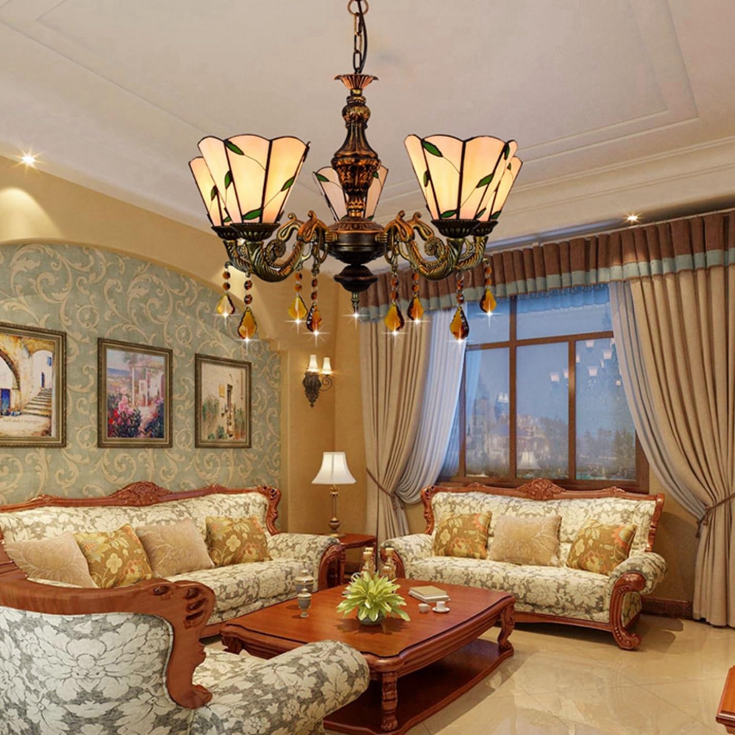 Żyrandol Witrażowy Tiffany, 5 Głowic 6 Cali Ciepłe Liście Lampa Sufitowa Wystrój W Stylu Vintage Kryształowa Lampa Wisząca Do Pokoju Sypialnia Restauracja Przedpokój