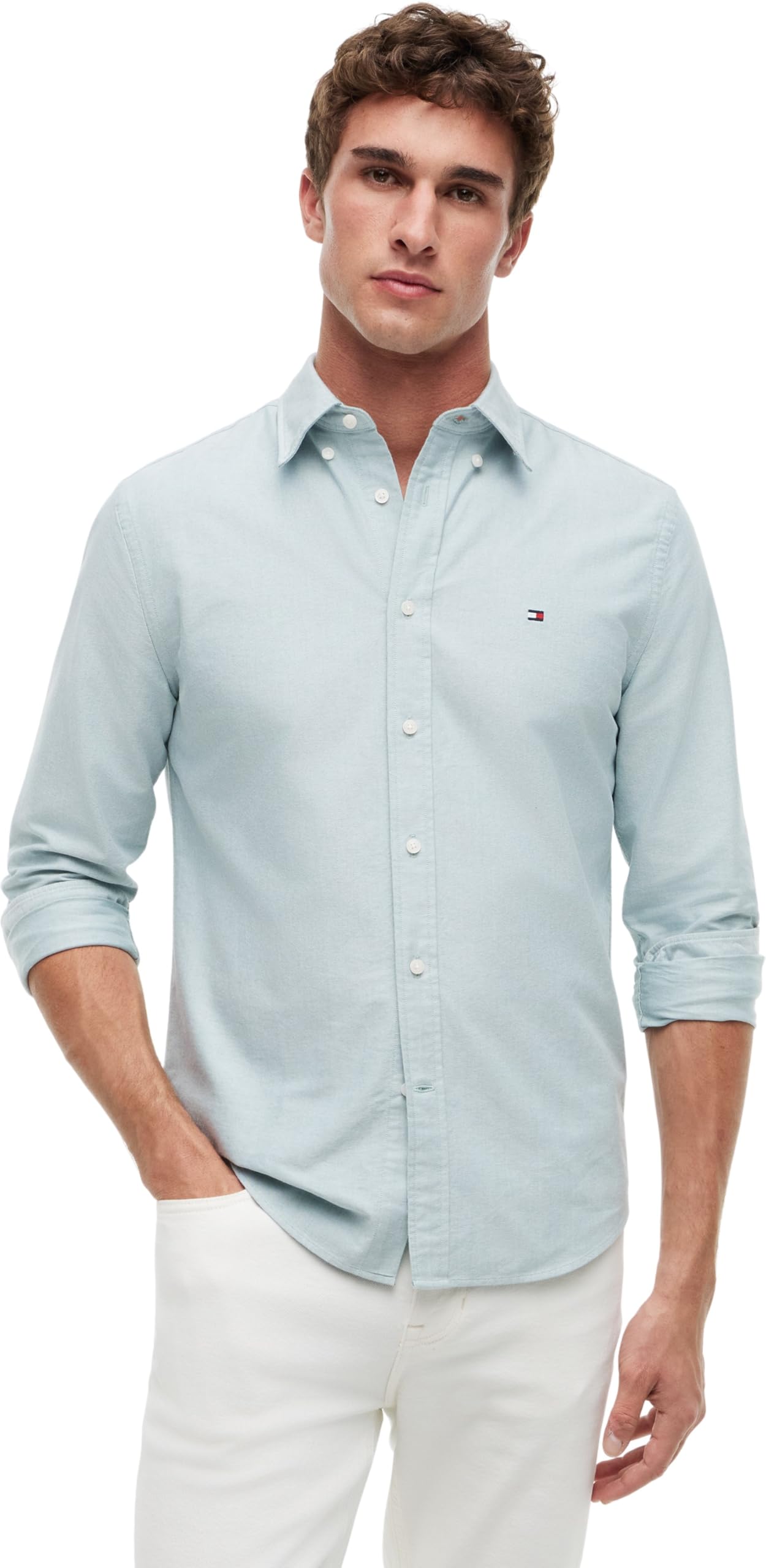 Tommy Hilfiger Men's Solid Heritage Oxford Rf Shirt Mw0Mw35774 L/S Shirt, Green (Ornamental Green), L