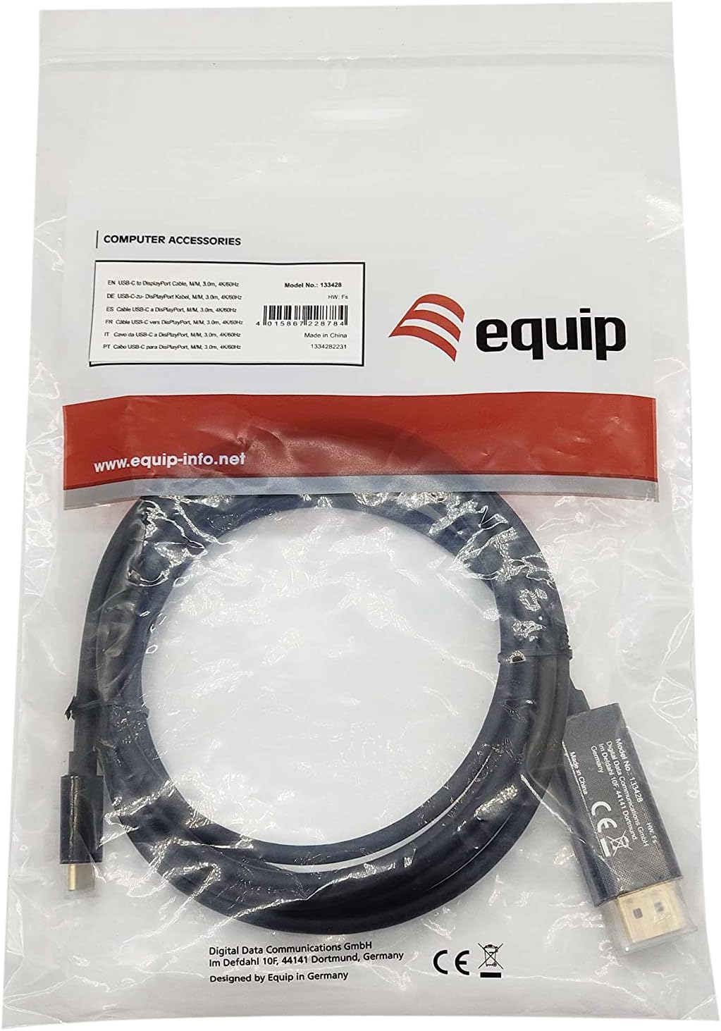 Equip 133428 USB-C to DisplayPort Cable, M/M, 3.0 m, 4K/60 Hz