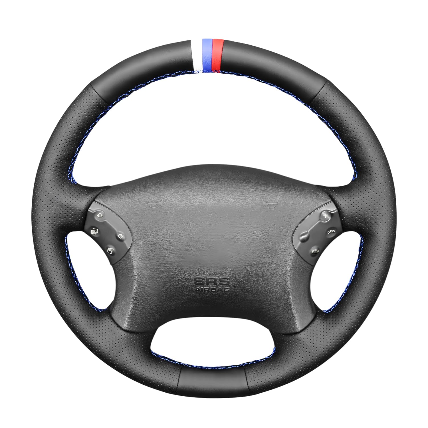 MEWANT Customized Black Genuine Leather Car Steering Wheel Cover for Mercedes Benz C-Class W203 2001-2007 / C32 AMG 2002-2003