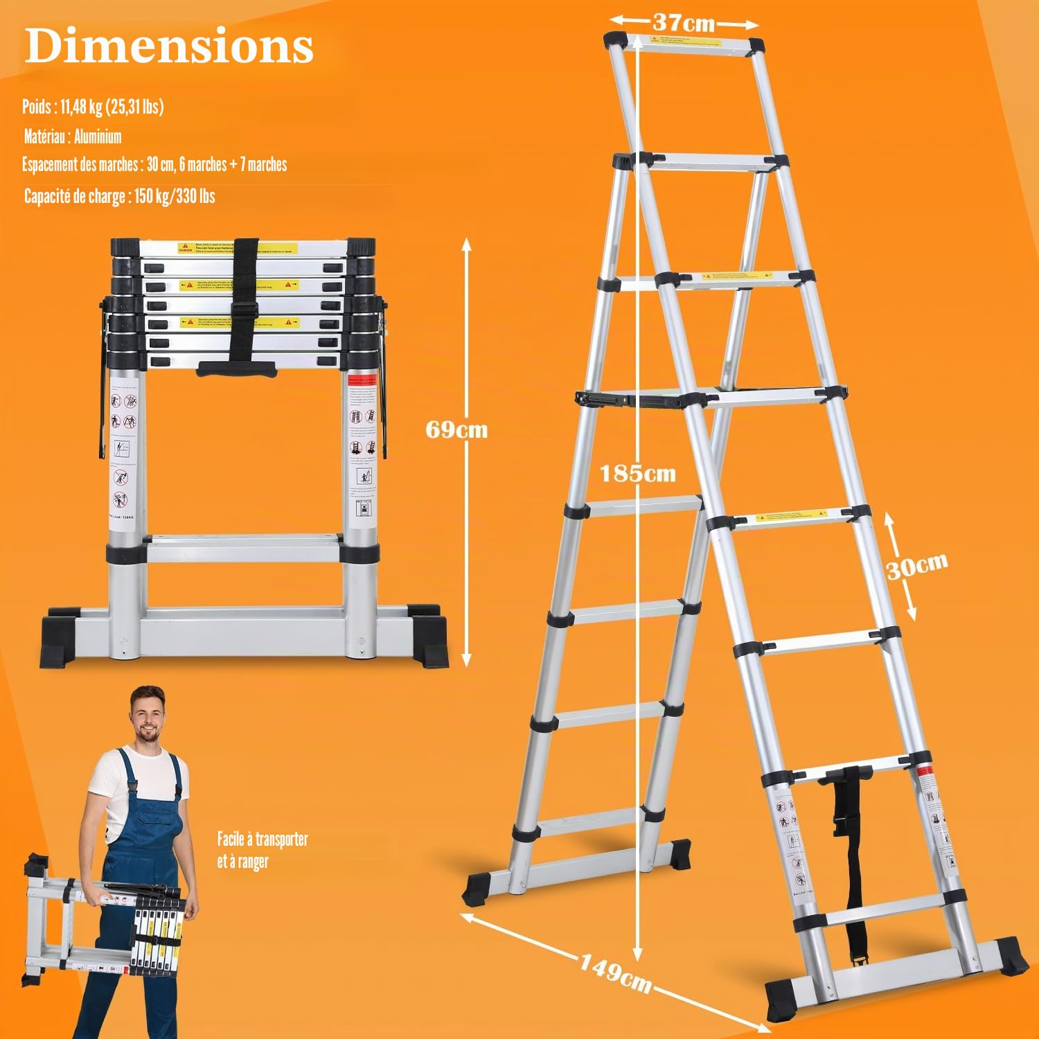 Eulenke Échelle Télescopique, escabeau telescopique 2+2,3m avec Barre stabilisatrice, echelle Pliante Cadre A 6+7 échelons en Aluminium, Charge maximale :150kg, echelle Multifonction Antidérapante