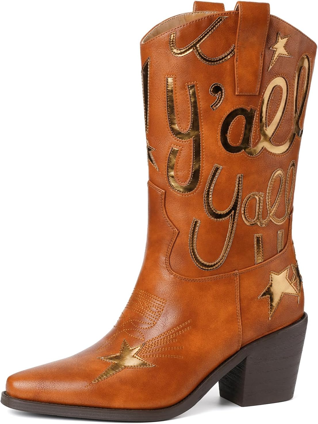 Cowboy Boots for Women Mid Calf Cowgirl Boots Pull On | Pointed Toe, Embroidery, Chunky Block Heel, Comfortable Western Boot for Concert Festival and Daily Wear, Fits True To Size