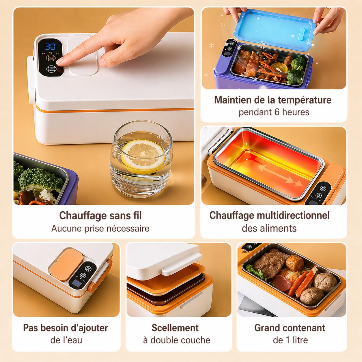 Boîte Repas Électrique Sans Fil 1L avec Batterie 12000mAh, Lunch Box Chauffante Portable, Chauffe-Plat Inox avec Écran et Minuterie, pour Travail, Bureau, Voiture, Camping