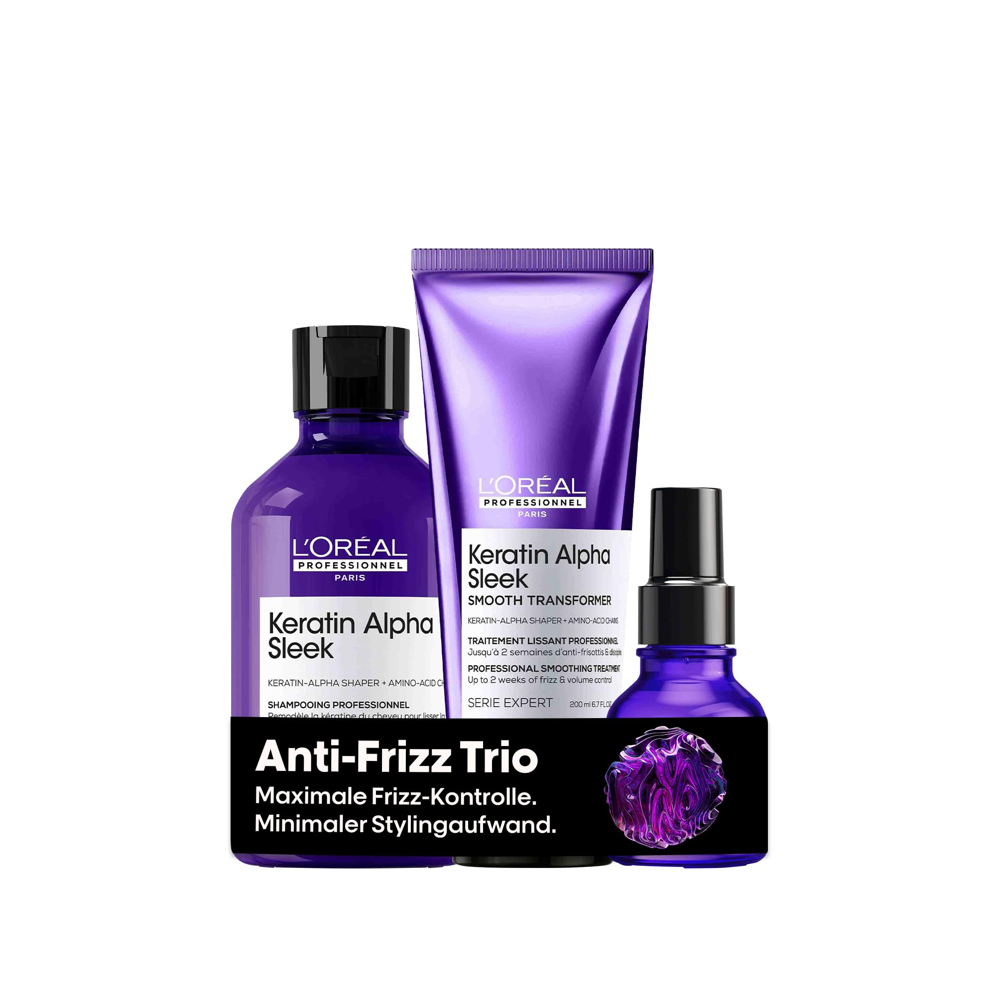 L'Oréal Professionnel Keratin Alpha Sleek Trio Set – Shampoo, Smooth Transformer & Serum gegen Frizz, für maximale Geschmeidigkeit & Glanz – Professionelles Haarpflege-Bundle