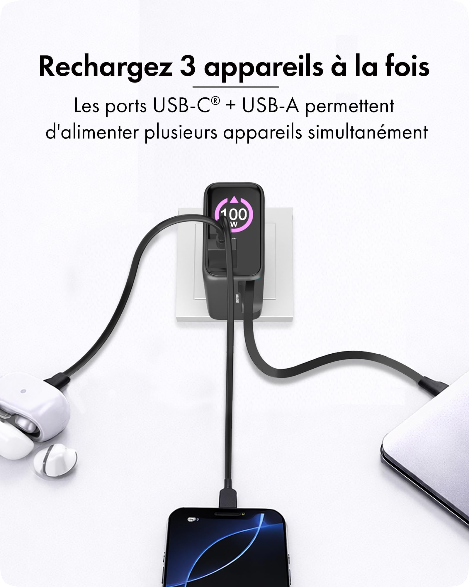 ICY Box Club Charger IB-PS1002 Chargeur Rapide USB-C GaN avec écran, 2 Ports USB-C + USB-A Multi-Ports, câble USB-C rétractable intégré de 70 cm, Bloc d'alimentation Power Delivery, IB-PS1002