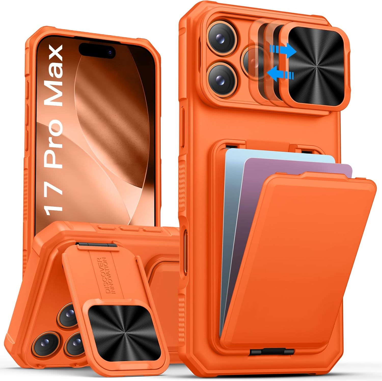 sslotscase for iphone 17 pro max case with card holder & camera stand & kickstand & slide camera lens cover & wallet, military-grade heavy duty phone case cover for iphone 17 pro max 6.9'', orange orange iphone 17 pro max