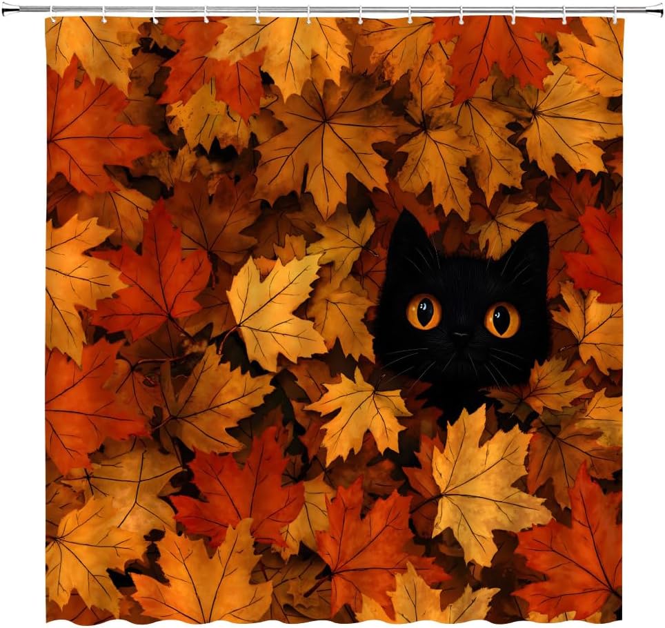 Fall Black Cat Shower Curtain Watercolor Autumn Orange Maple Leaves Forest Cute Animal Farmhouse Nature Plant Fabric Bathroom Decor Curtains with Hooks,82 x 70