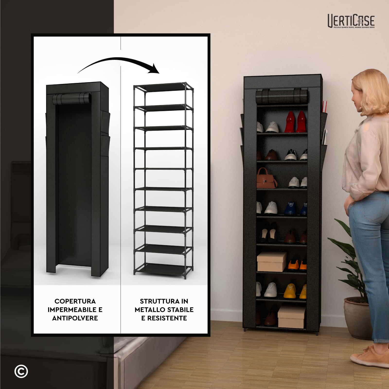 Scarpiera Slim Salvaspazio 10 Ripiani in Tessuto Impermeabile Nera 45x175x28cm - Scaffale Scarpe Verticale con Copertura Antipolvere - per Scarpe Sportive Tacchi Alti da Interno o Esterno