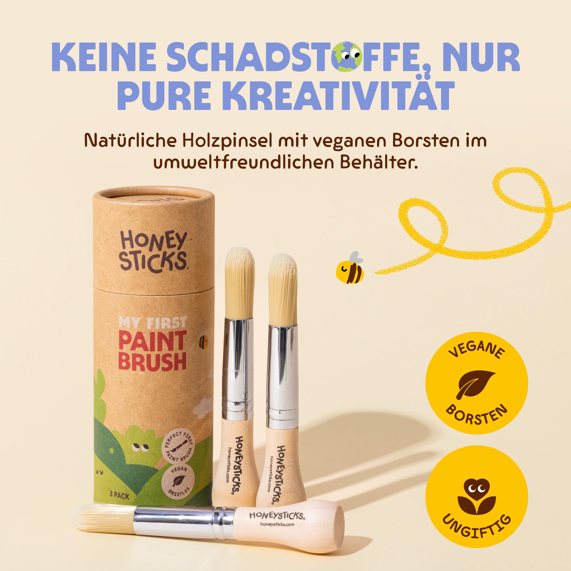 Honeysticks Malen-Starter-Set – Ungiftige Fingerfarben 6er-Pack & Erstes Pinsel-Set 3er-Pack – Natürliches, waschbares, kleinkindsicheres Bastelmaterial