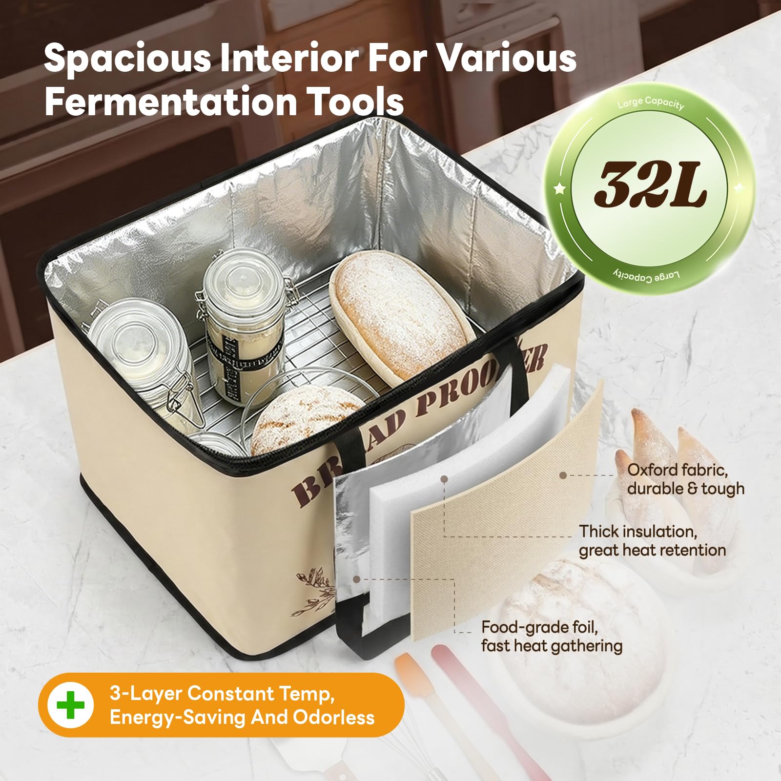32L Pain Chauffe Levain Chambre de Pousse avec NTC Capteur et Grille Refroidissement,Chambre de Pousse Boulangerie avec 10–55 °C Temperatur & 48 Heures Minuteur,pour Pain,Pizza,Yaourt