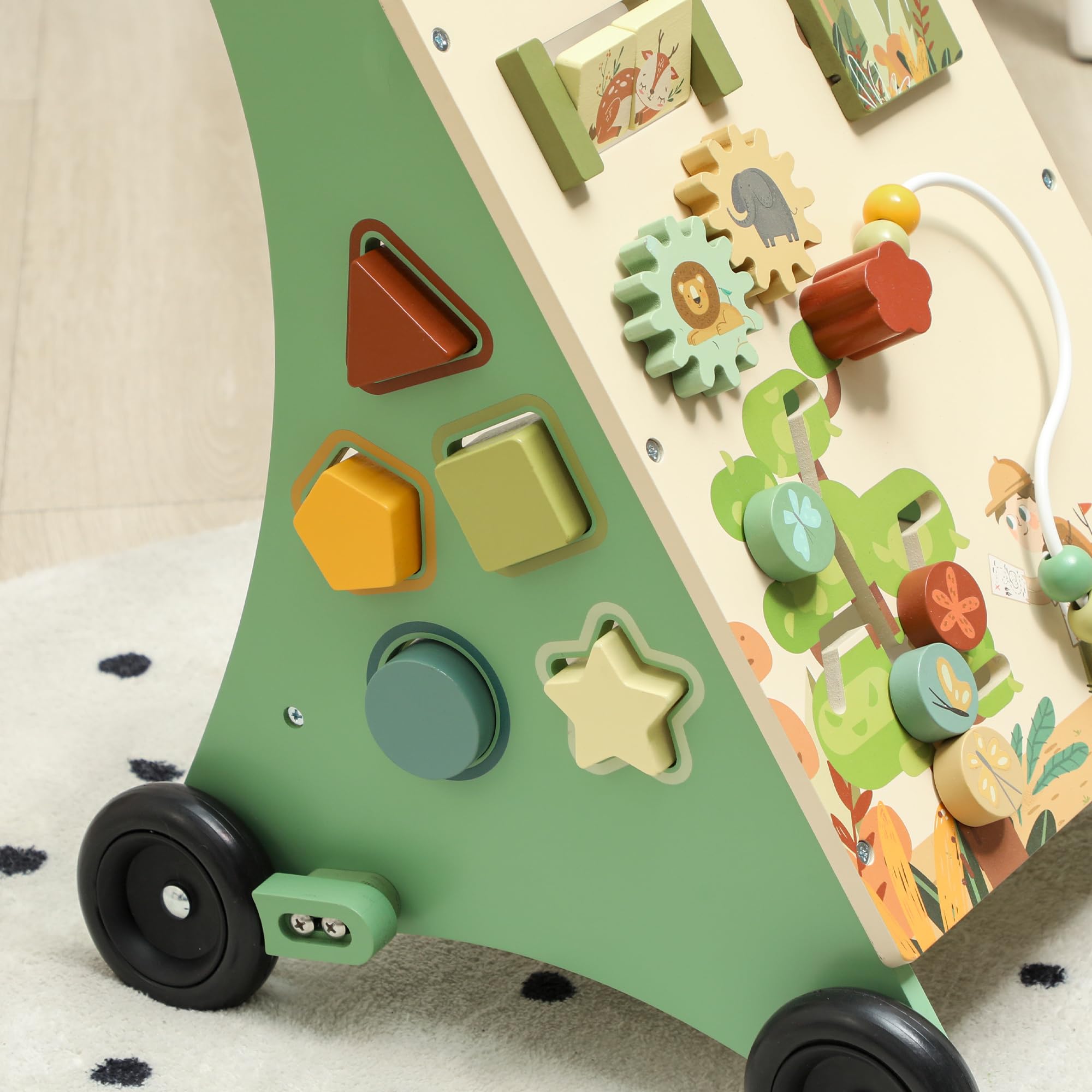 AIYAPLAY Trotteur en bois pour bébé avec contrôle de vitesse, centre d'activités avec xylophone, engrenages et labyrinthe de perles, chariot de marche pour garçons et filles de 18+ mois, vert