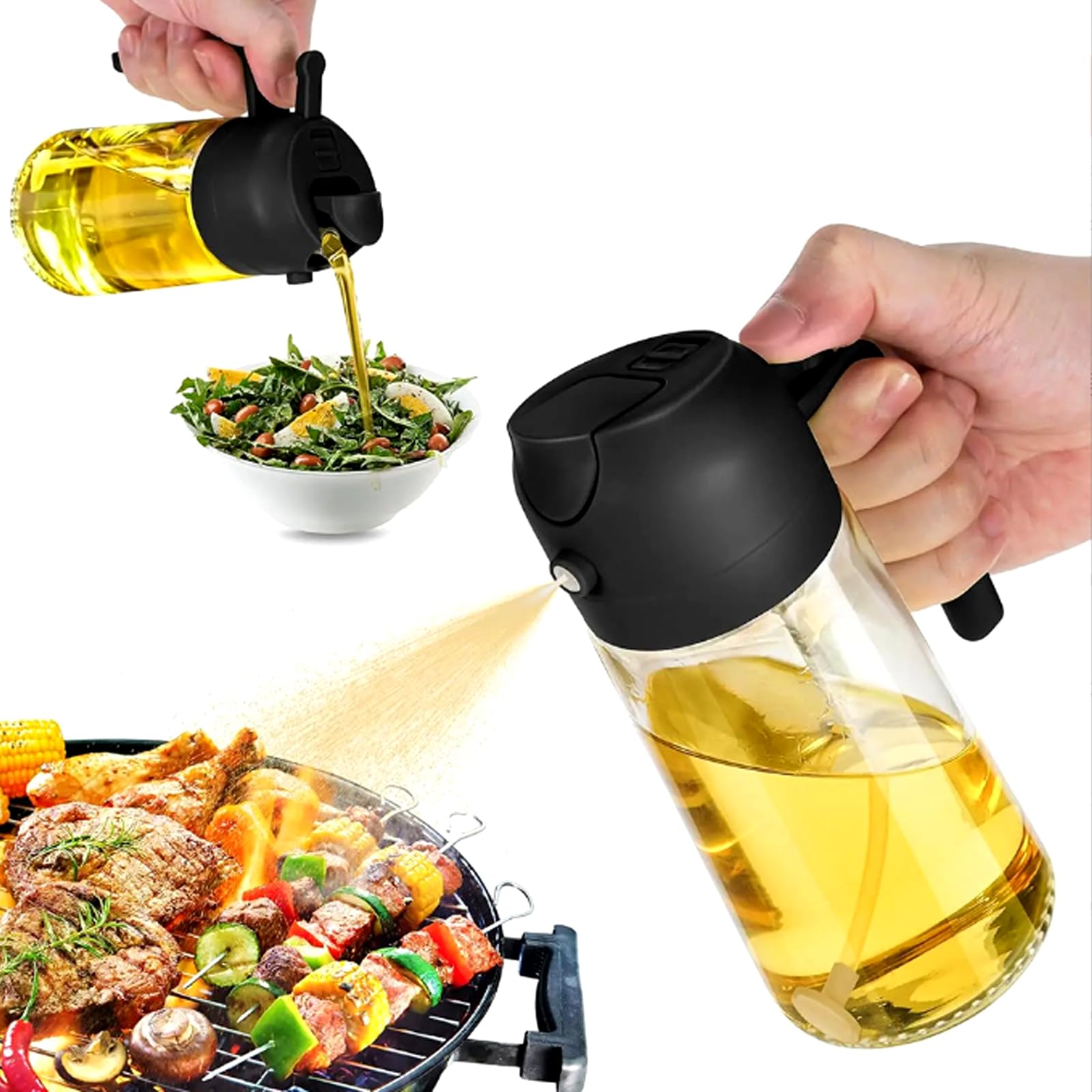 MJJAOQYF Oil Sprayer for Cooking and Olive Oil Dispenser Spray Bottle, 2 in 1 Olive Oil Dispenser Bottle for Kitchen, Pourer & Oil Mister for Air Fryer, Barbecue, Salad 16oz/470ml. (Black)