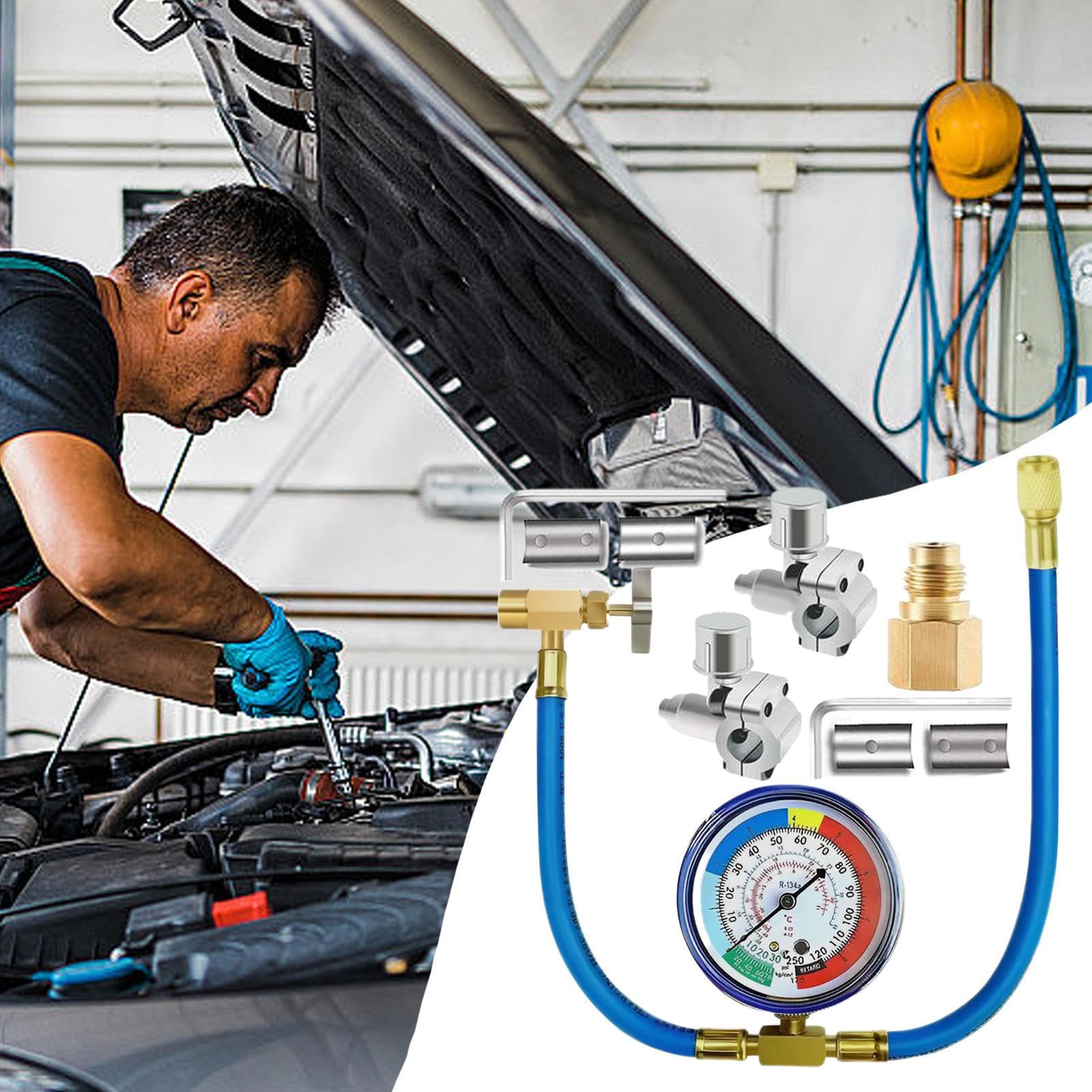 Kit di ricarica per aria condizionata,Kit di ricarica per frigorifero per auto | Set di valvole a perforazione con tubo e indicatore per manutenzione del frigorifero automobilistico per officina e