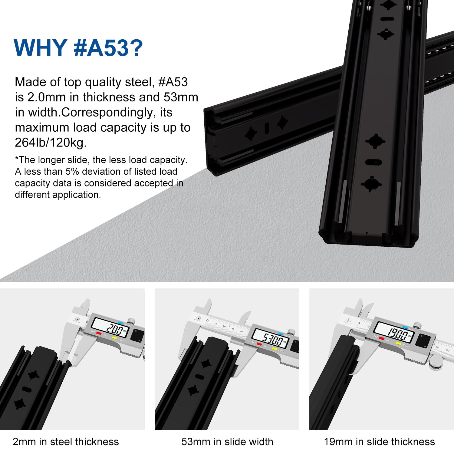 VADANIA Glissières de tiroir robuste de 700 mm #A53 Noir, largeur de 53 mm, capacité de charge jusqu'à 85 kg, extension complète à 3 volets, montage latéral, 1 paire
