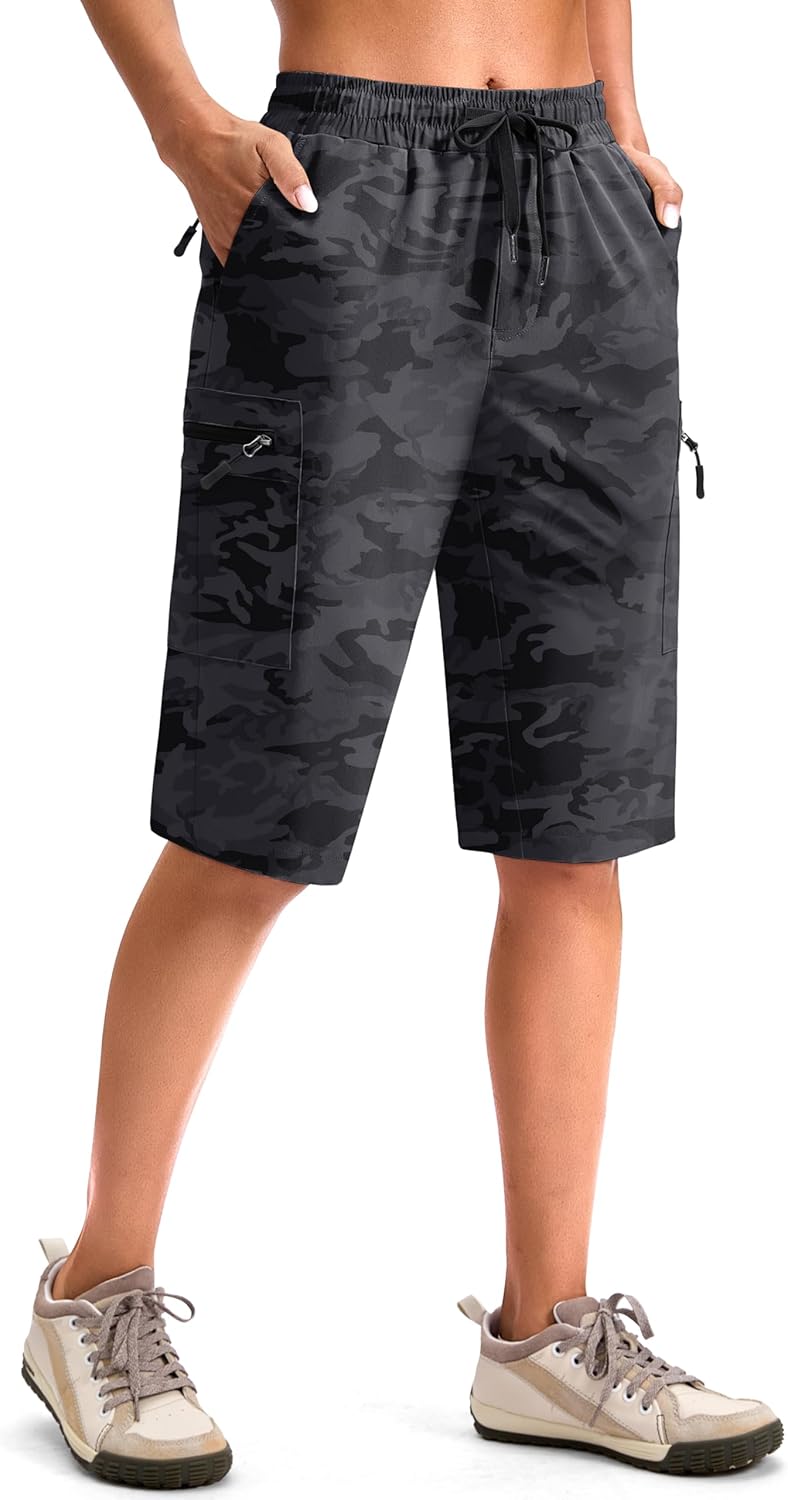 Viodia 13'' Womens Hiking Shorts Knee Length Cargo Bermuda Shorts for Women with Zipper Pockets Quick Dry Summer Short