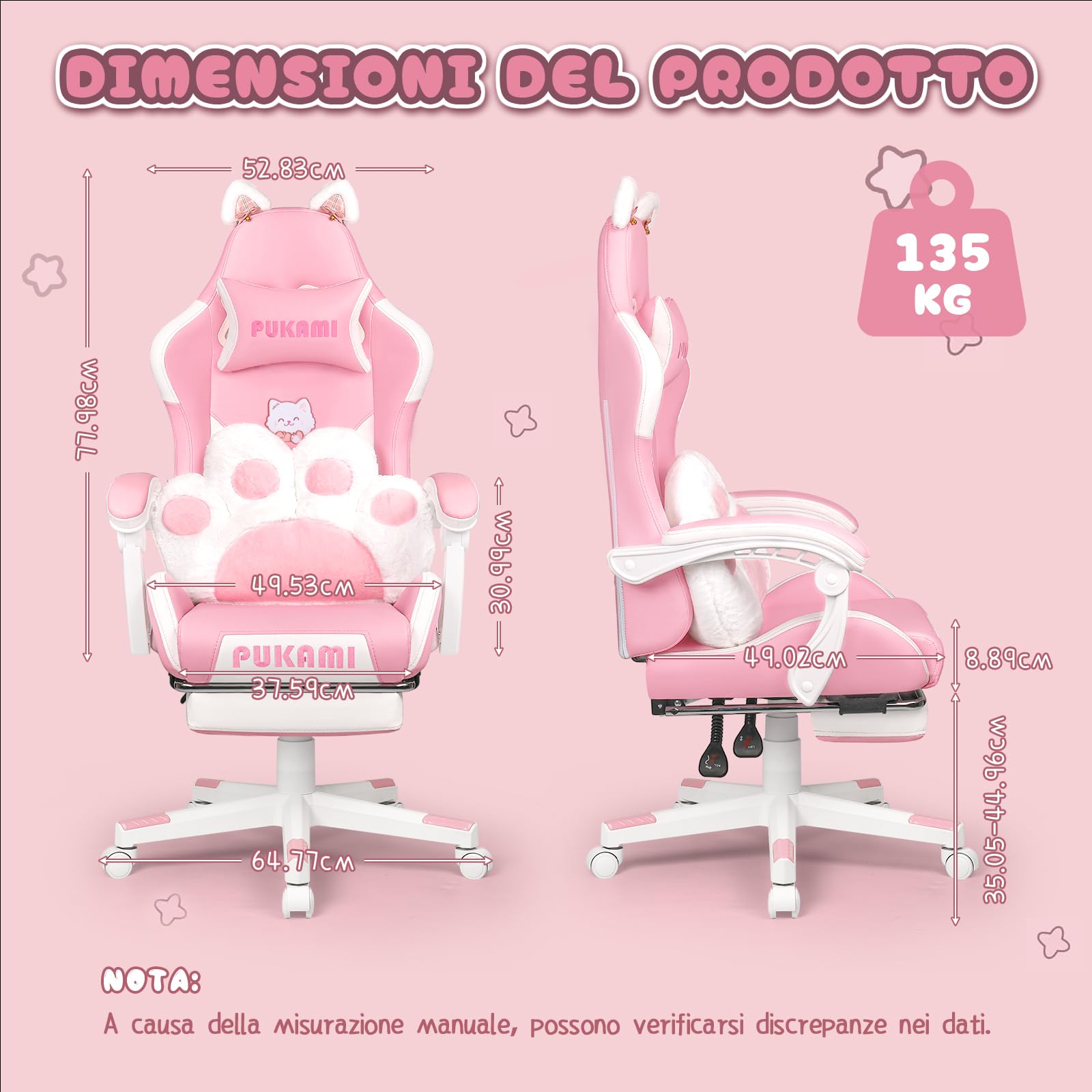 Waleaf Sedia Gaming Rosa, Sedia da Gaming Ergonomica con Regolabile Poggiapiedi, Poggiatesta, Supporto Lombare, Poltrona per Computer con Orecchie da Gatto, Altezza Regolabile
