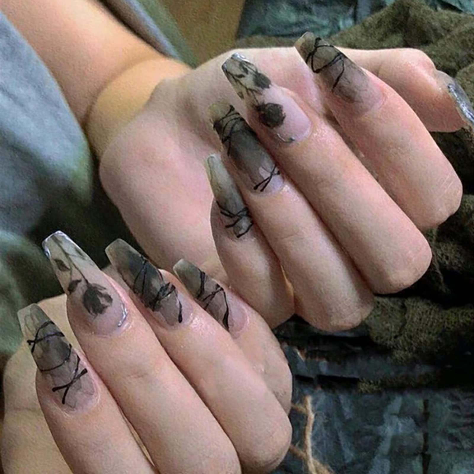 Amazon.com: Press On Fake Nails - 24 Ct Medium Length Coffin Nail Tips,  Black Rose Designs, Tube Glue Included : Beauty & Personal Care