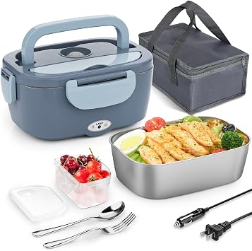 Carsolt Electric Lunch Box Food Heater - 3 in 1 Portable Leakproof Heated Lunch Box for Car/Home/Adults with 1.5L Removable 304 Stainless Steel Container, 60-80W, 12V/24V/110V Blue