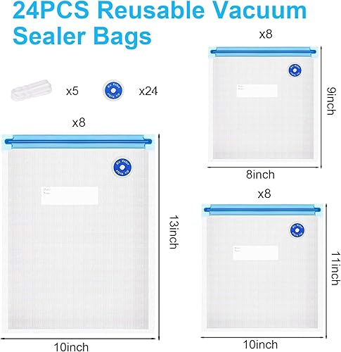Miniatura 2 de Bolsas selladoras al vacío reutilizables sin BPA (8 x 9 pulgadas, 10 x 11 pulgadas, 10 x 13 pulgadas) (24 bolsas selladoras al vacío y 5 clips de