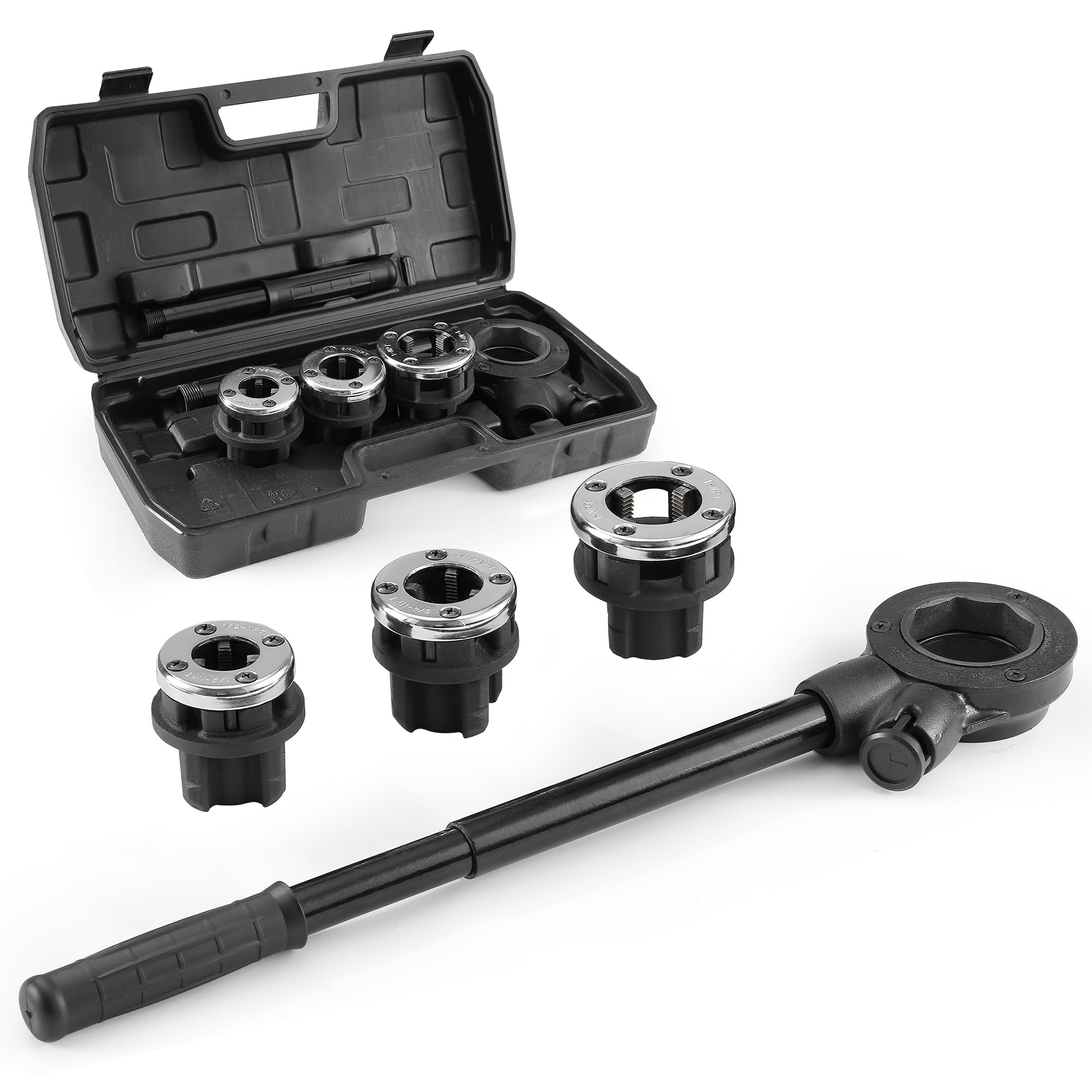 Ratchet Pipe Threader Kit, Plumber Pipe Threading Set, Portable Pipe Die Tool with 3 NPT Dies 1/2" NPT, 3/4" NPT 1" NPT Storage Case for Galvanized Steel Iron Copper Aluminum Pipes