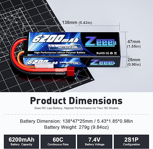 Miniatura 2 de Zeee 2S Lipo Battery 6200mAh 7.4V 60C - Batería rígida con conector T para vehículos RC, automóvil, camión, camión, barco, carreras, pasatiempos (2
