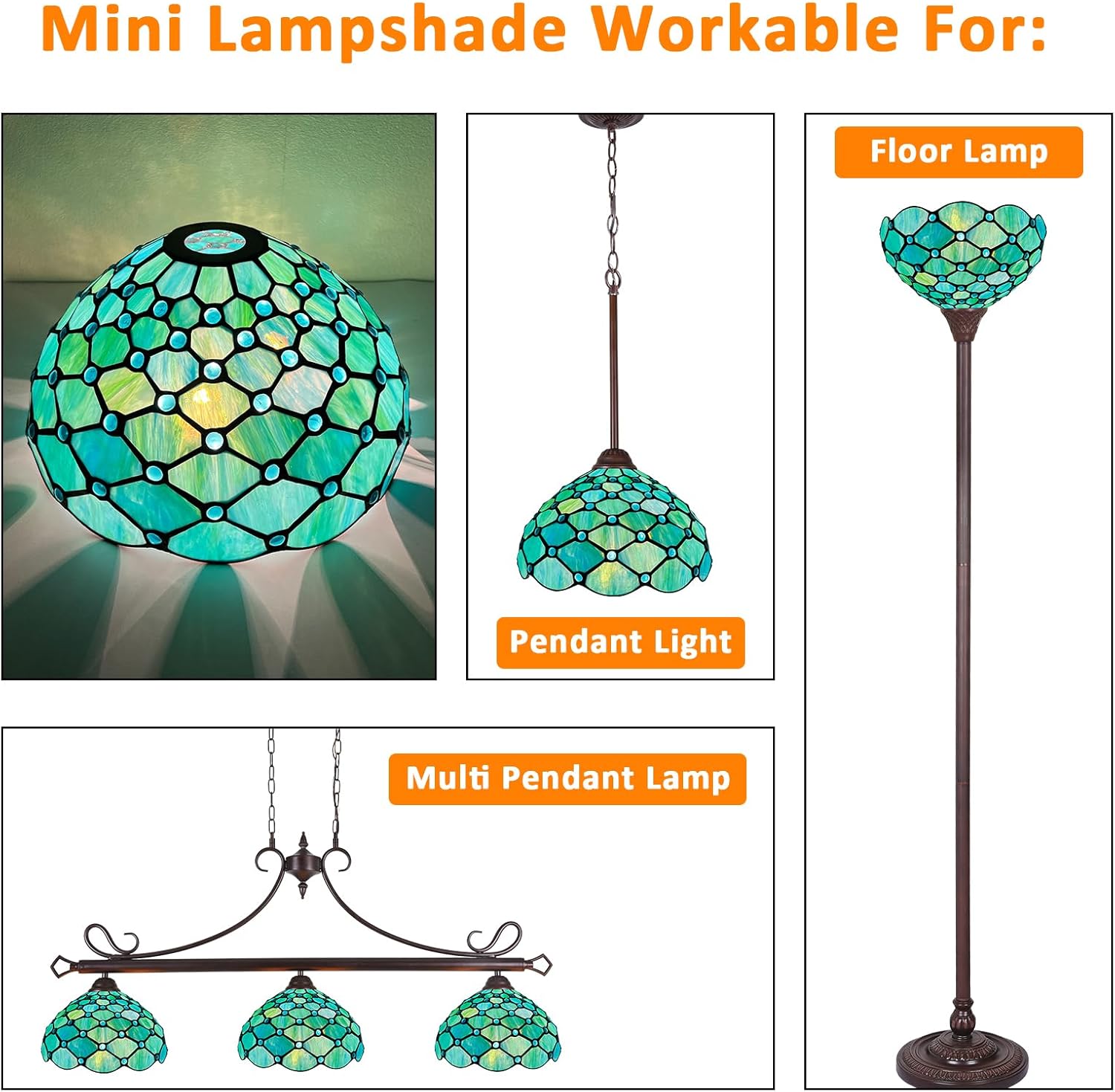 Capulina Tiffany Lamp Shade 12 Inches Wide Accessories Replacement Seagrass Blue Beads Style Stained Glass Lampshade for Torchiere Floor Lamp and Pendant Light