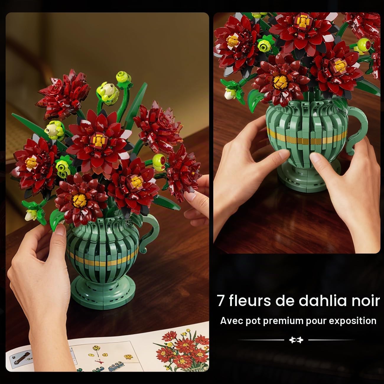 PLAXSOON Kit de Construction de Fleurs Dahlia avec Vase, Collection Botanique Bouquet de Fleurs en Blocs, 1482 PCS Kit Bonsaï Artificiel Gothique Déco Maison Cadeau pour Elle Adultes Enfants Filles