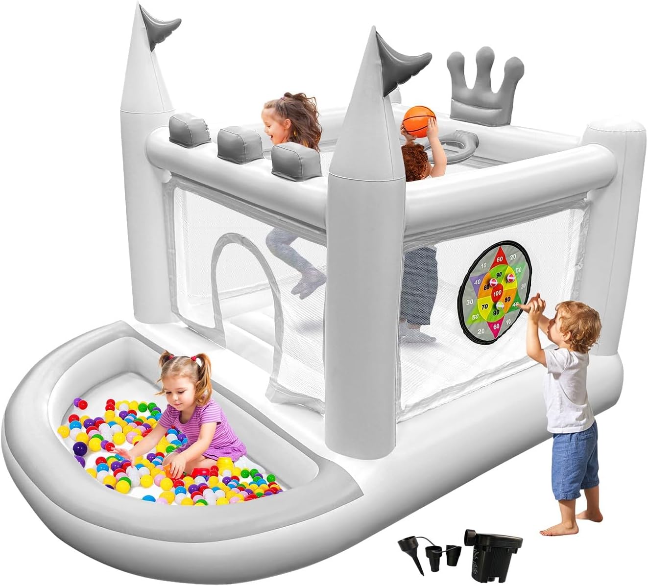 Inflatable Bounce House for Kids Ages 3-8, 5 in 1 Small Bouncy Castle Outdoor, Jumper, Ball Pit, Basketball Hoop, Rings, Target Game Pump Included, White