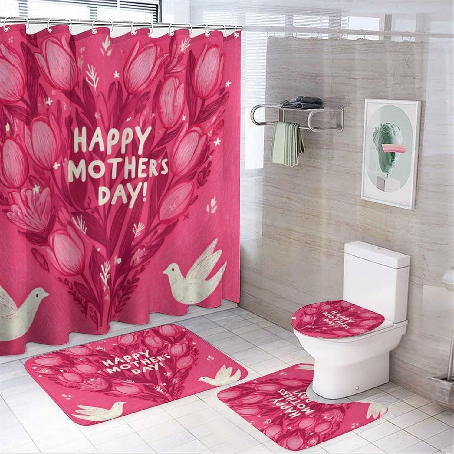 Shower Curtain Sets 4 Piece Rug Toilet Lid Cover and Non-Slip U Shape Mat Tulip Floral Flower Birds Waterproof Personality Pattern Bath Curtains Mother's Day for Bathroom Decor Sets