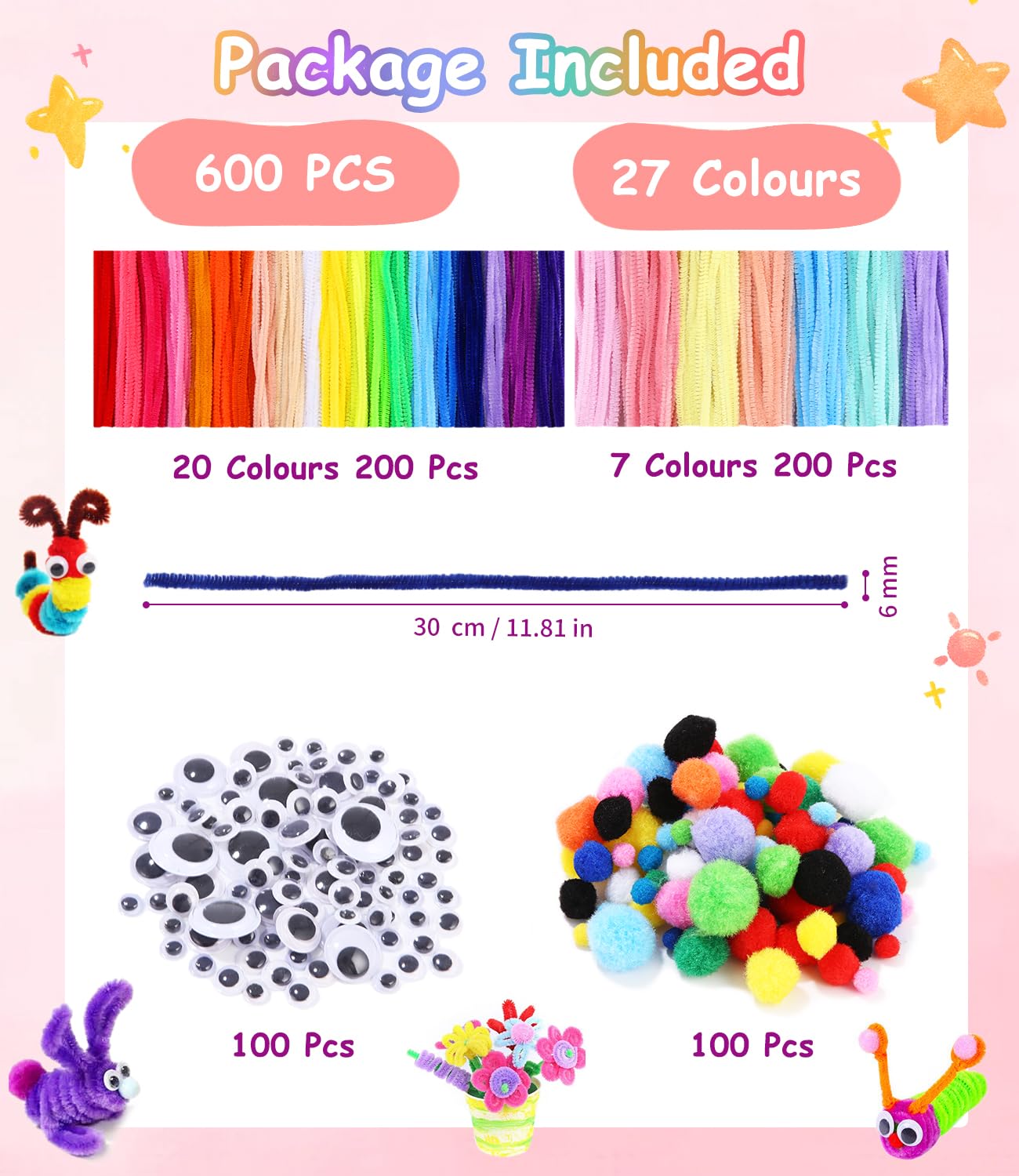 Kit 400 Pièces Fils Chenille - 27 Couleurs, Yeux Mobiles, Pompons | Loisirs Créatifs Enfants | DIY Déco