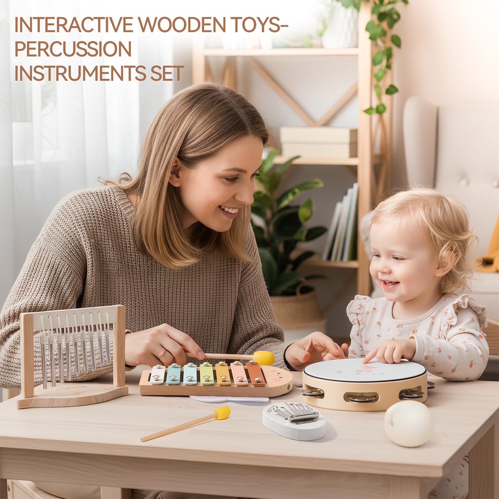 Montessori Juego de Instrumentos Musicales de Madera Pandereta de Madera Xilófono Maracas Campanilla de Viento Juguete Educativo de Música Temprana para Niños Pequeños