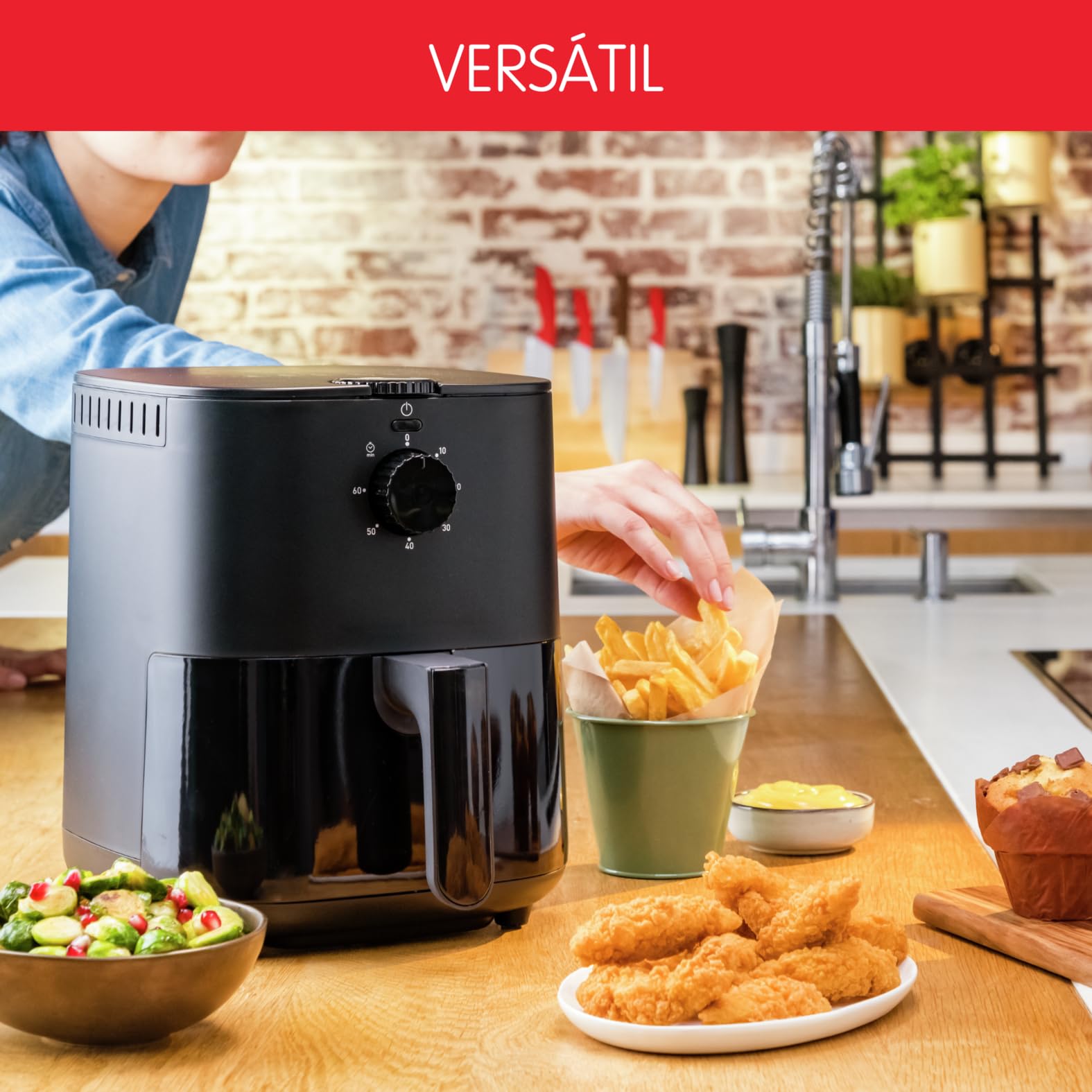 Moulinex Easy Fry Essential 3.5 L EZ1308 Freidora de Aire Caliente, con Poco o Sin Aceite, Controles manuales, 5 Programas, Comidas Sanas, Capacidad 1 Kg, Hasta 4 personas, Compacto, Color Negro