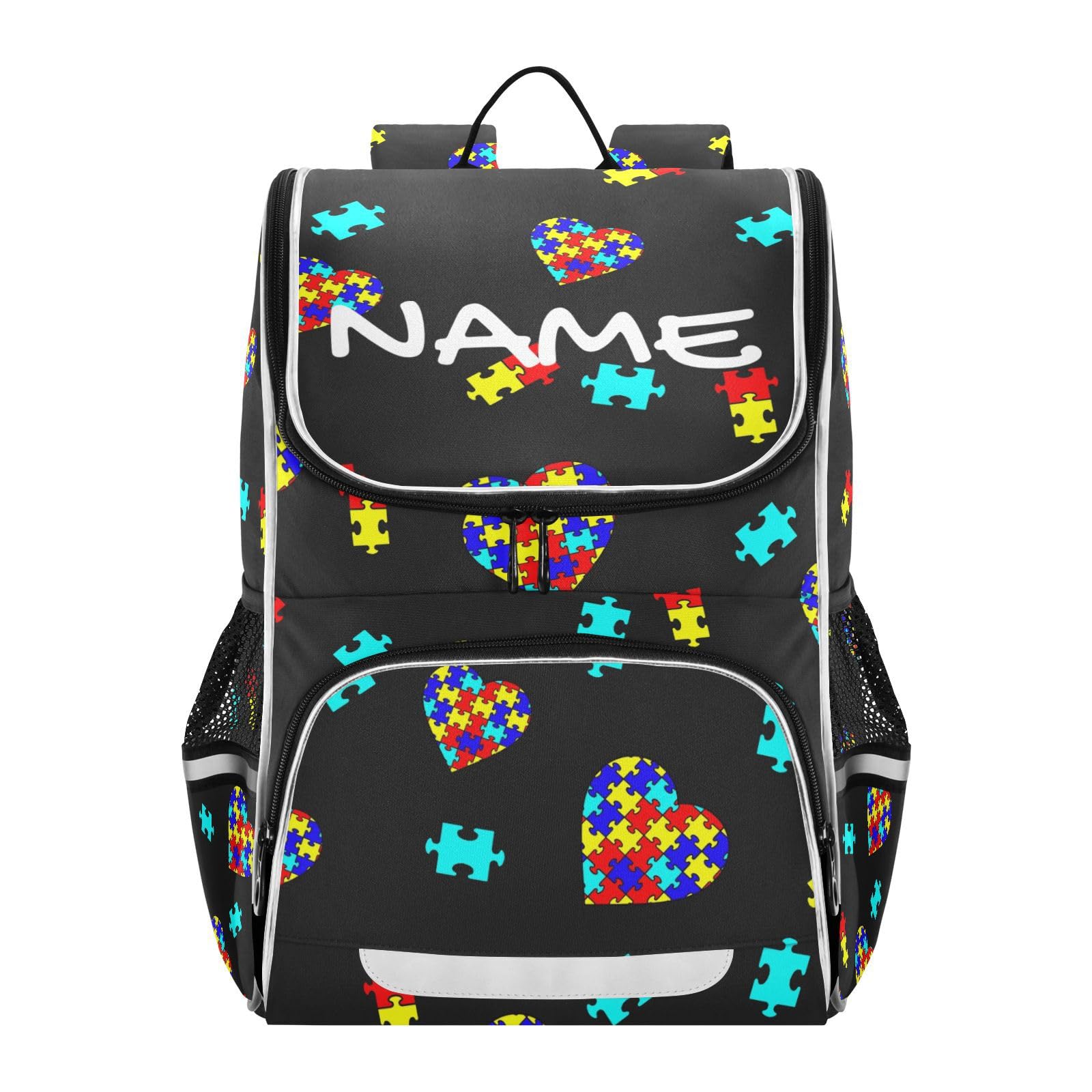 XUWU Custom Personalized Autism Awareness Colorful Puzzle Backpack with Reflective Strip for Kids Boys Girls Elementary School Bag Removable Chest