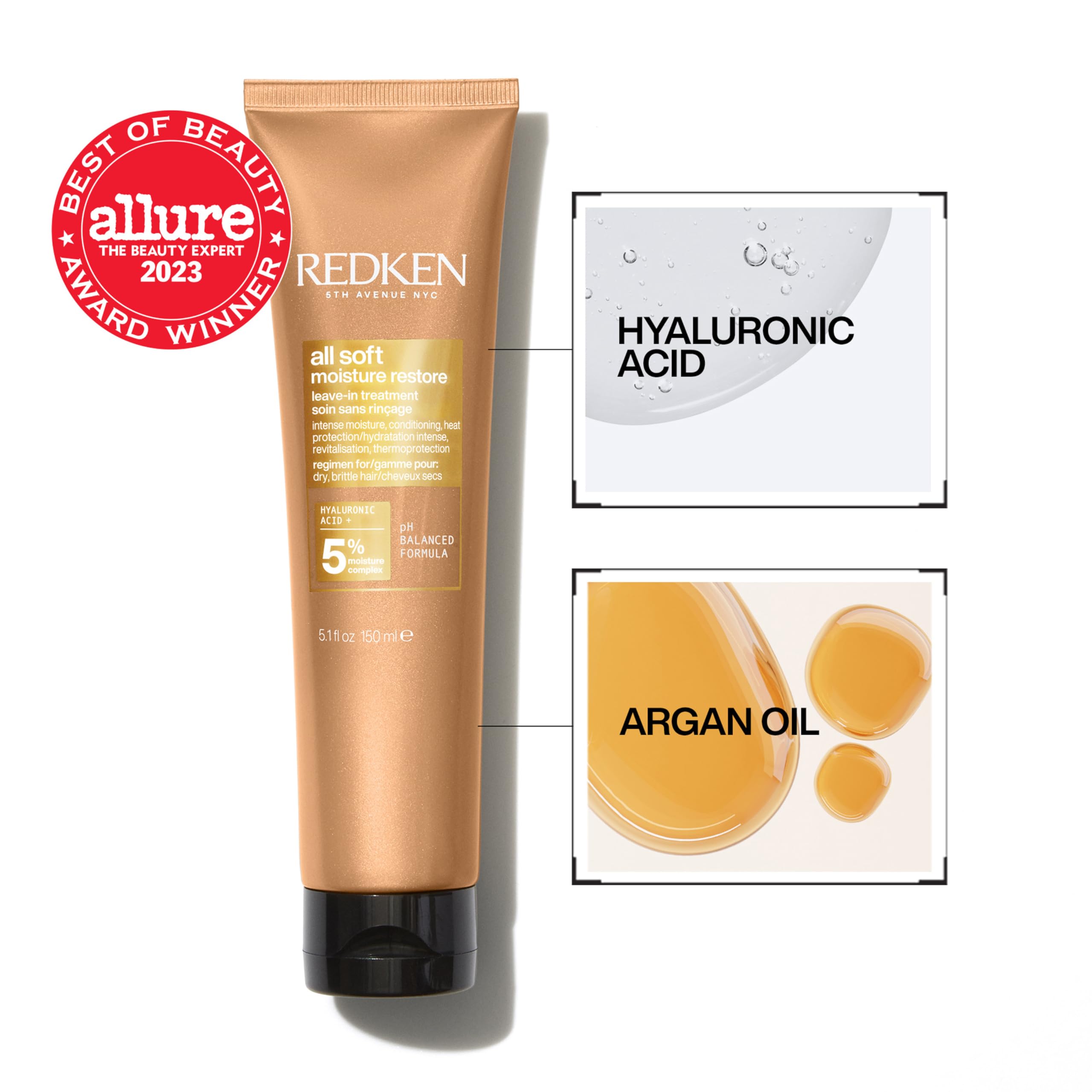 REDKEN All Soft Moisture Restore, Leave In Conditioning Moisture Boost Treatment, For Dry Hair, With Hyaluronic Acid, Hydrates and Adds Definition and Shine, 150 ml - Image 3