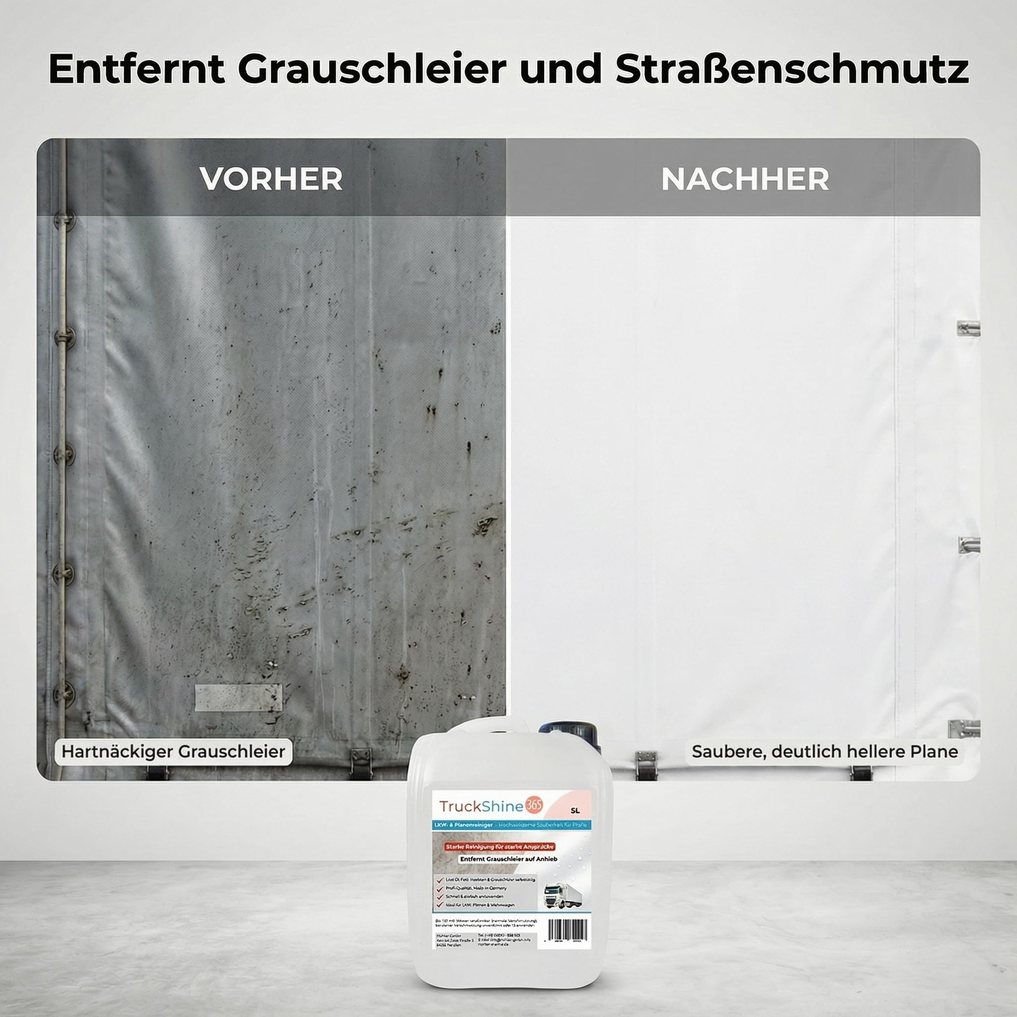 TruckShine365 LKW Reiniger & Planenreiniger Konzentrat, 5L Kanister | Alkalischer LKW Außenreiniger, Gegen Grauschleier, Öl, Fett & Insekten, Verdünnbar bis 1:10, Profi-Qualität
