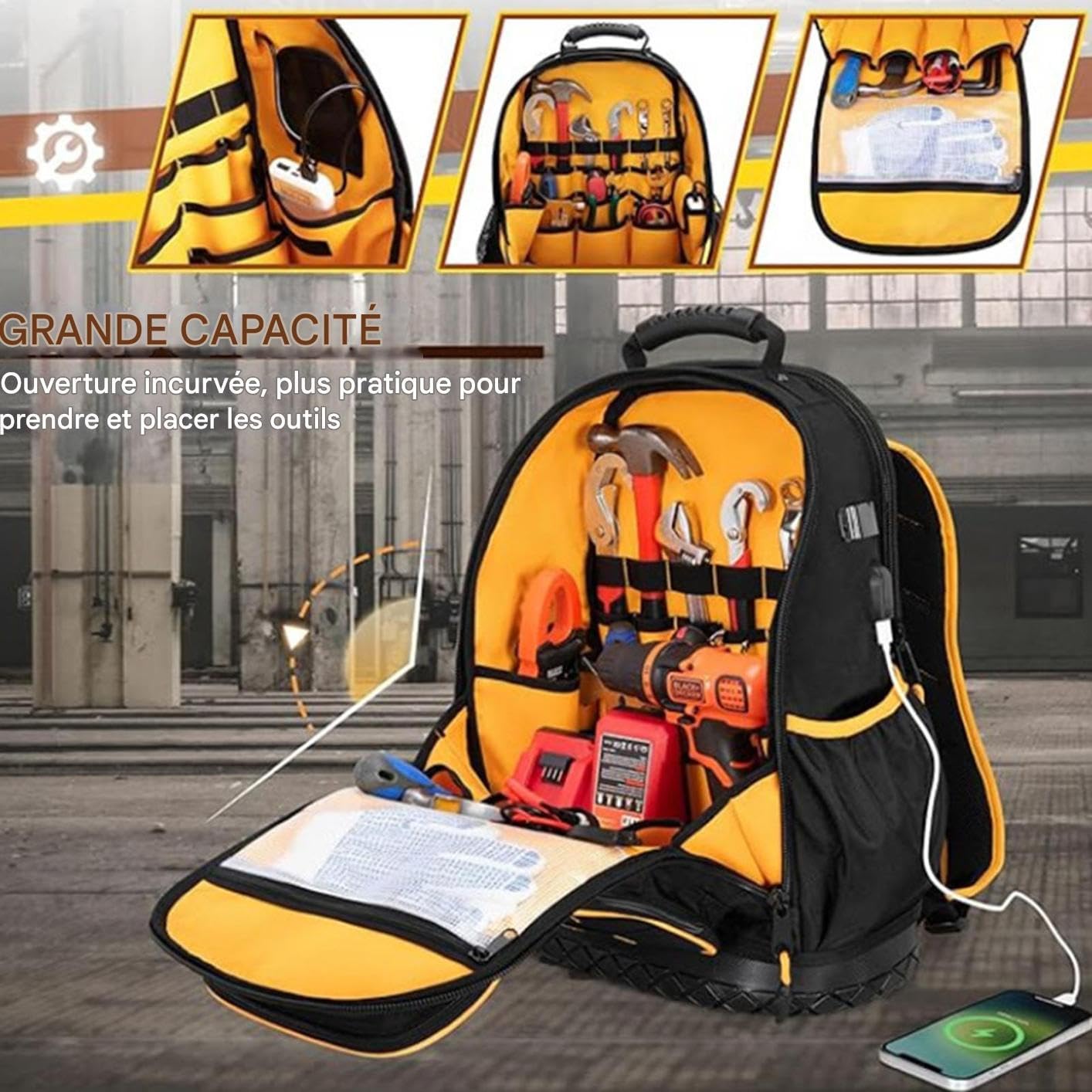 Sac À Dos Pour Outils,Organisateur De Rangement À Rigide,Sac À Dos Pour Électricien Sur Chantier - pour Chantier de Construction Réparation Travail à Domicile Projet Maison Camping Extérieur