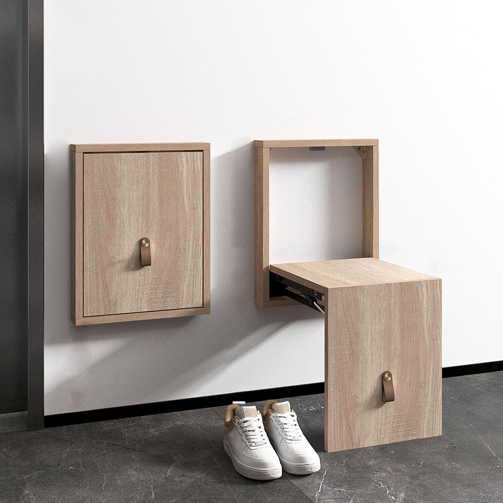 Taburete plegable de pared para calzarse cómodamente sin perder espacio en el pasillo