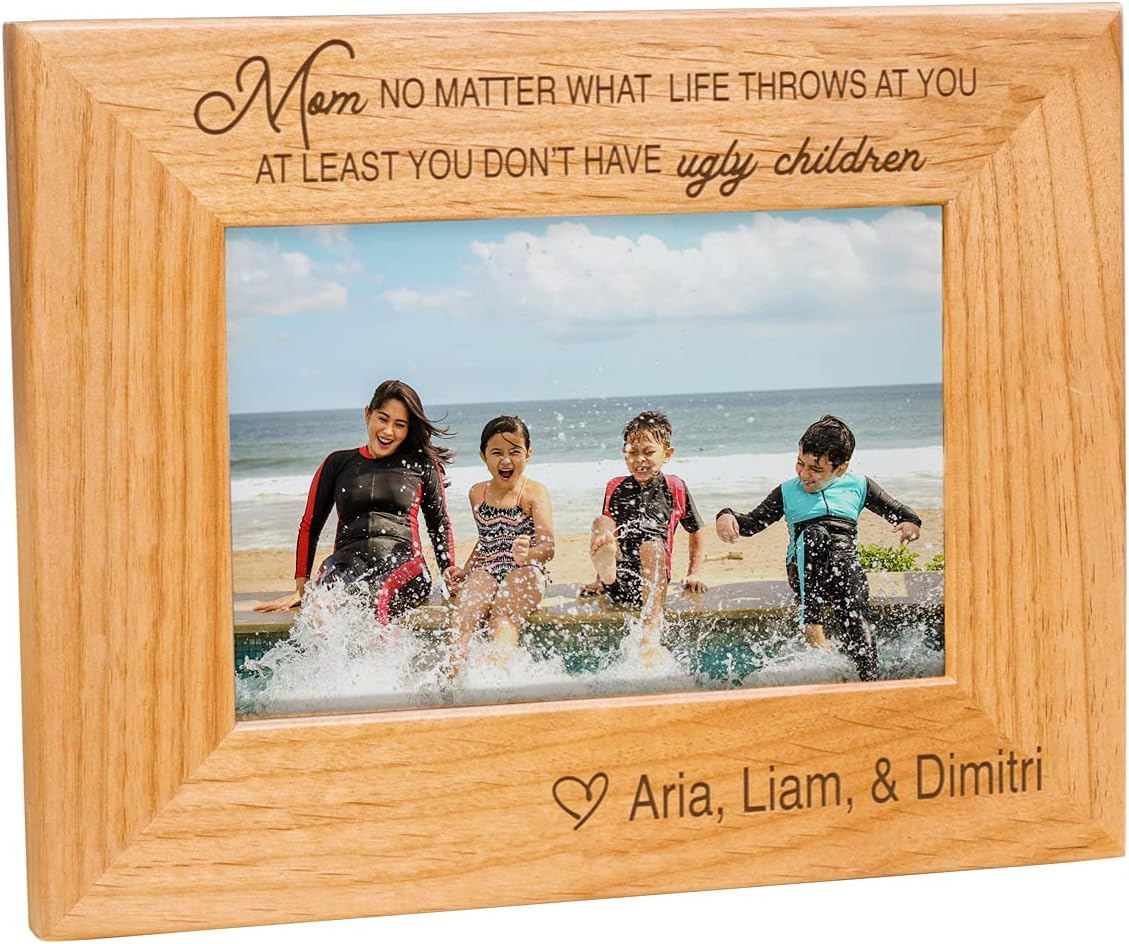 PlaqueMaker Select Between a Gift for Mom or Dad - No Matter What At Least You Don't Have Ugly Children Personalized Wood Picture Frame - Add your Kids Names and 6 x 4 Photo (Dad)