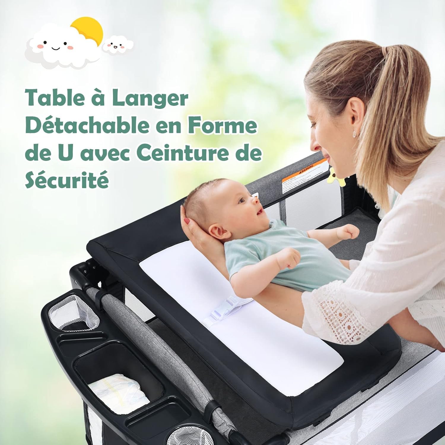 GOPLUS Lit Bébé, 5 en 1 Lit Parapluie Pliable et Portable avec Table à Langer, Fonction de Berceau, d'Enceinte d'Activités, Berceau Cododo Bébé Réglable en Hauteur avec Roues Mobiles, Jouets (Noir)