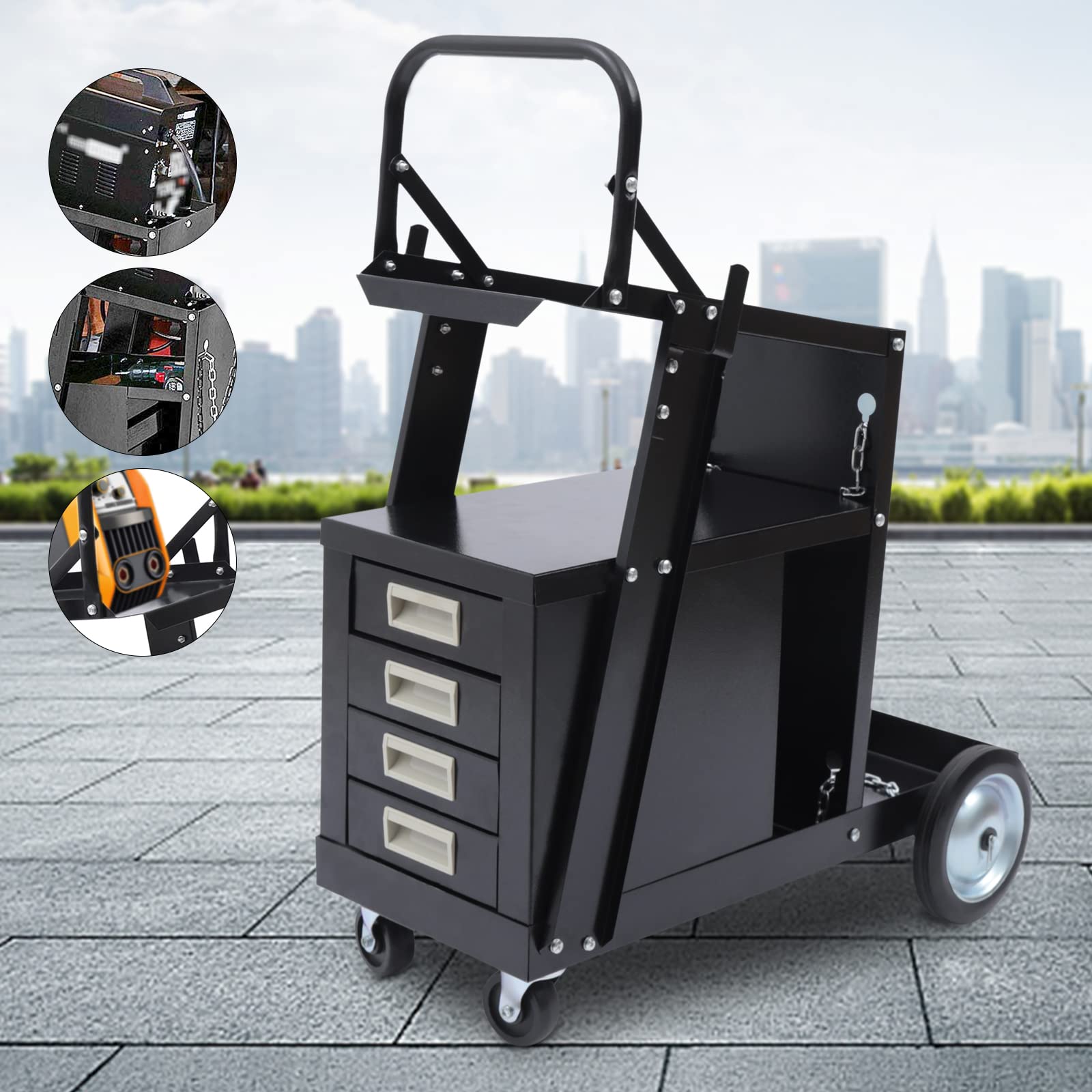 MhdunueSK Rolling Welding Cart,Welding Cart with 4 Drawers Wheels and 2 360° Rotating Rear Wheels,for Transporting and Storing Most Welders Hoses