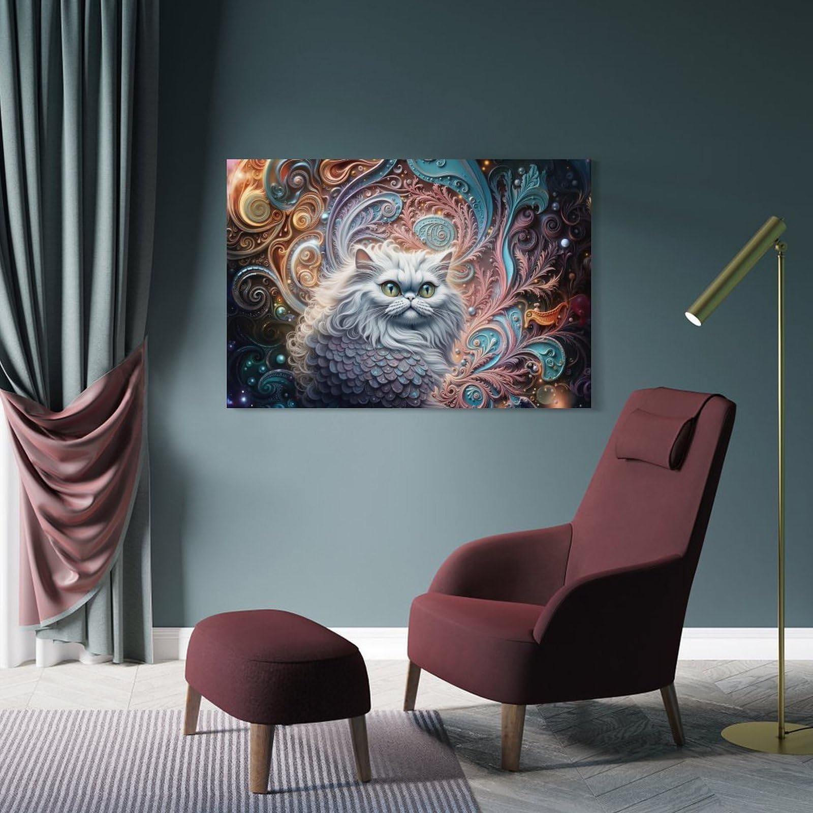 Junmoney Canvas Wall Decor White Cat in Ornate Setting, 20x30inch(50x75cm), for Living Room, Bedroom Or Apartment Walls, A Home Accent with Warm Character
